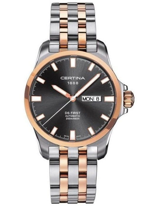 Certina Certina DS First C014.407.22.081.00 DS First C0144072208100 механические мужские часы серый циферблат, браслет сталь c pvd покрытием — вид спереди
