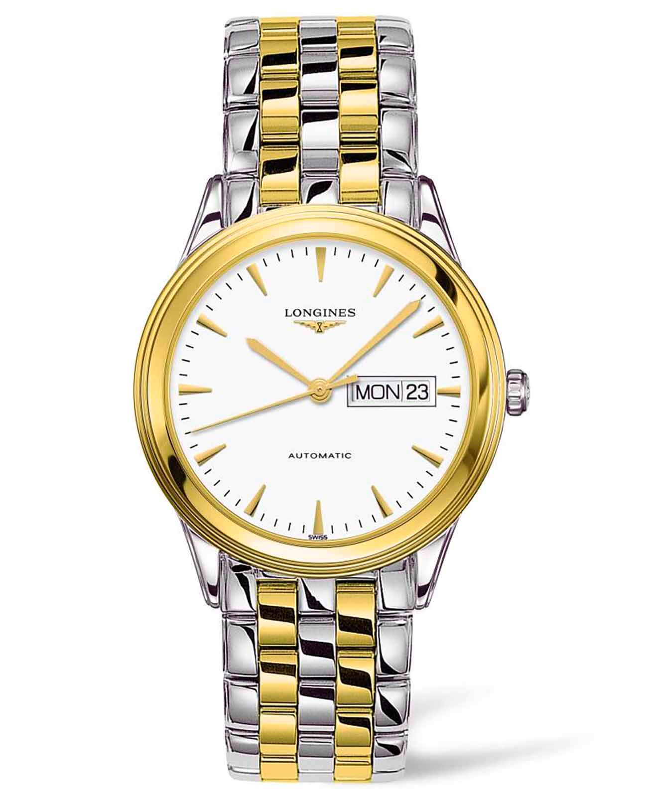 Longines Longines Flagship L4.899.3.22.7  L48993227 механические мужские часы белый циферблат, браслет сталь c pvd покрытием — вид спереди