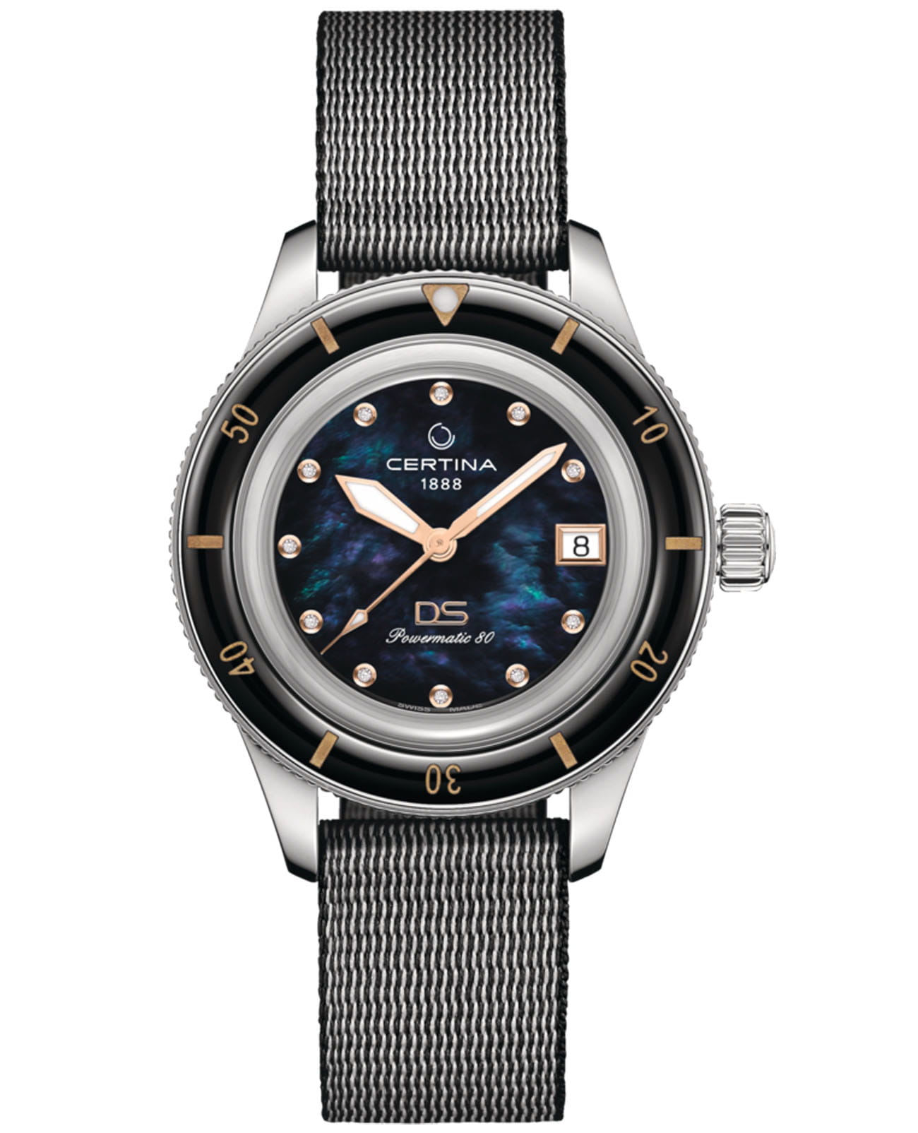 Certina Certina DS PH200M C036.207.18.126.00 DS PH200M C0362071812600 механические женские часы перламутровый циферблат, браслет нейлон — вид спереди