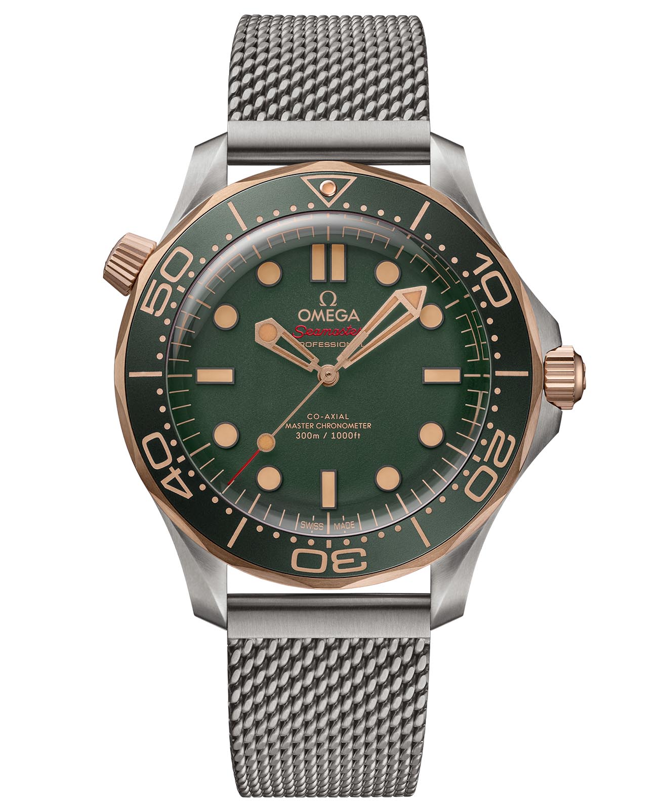 Omega Omega Seamaster Diver 300M 210.90.42.20.10.001 Diver 300m 21090422010001 механические мужские часы зеленый циферблат, браслет титановый — вид спереди