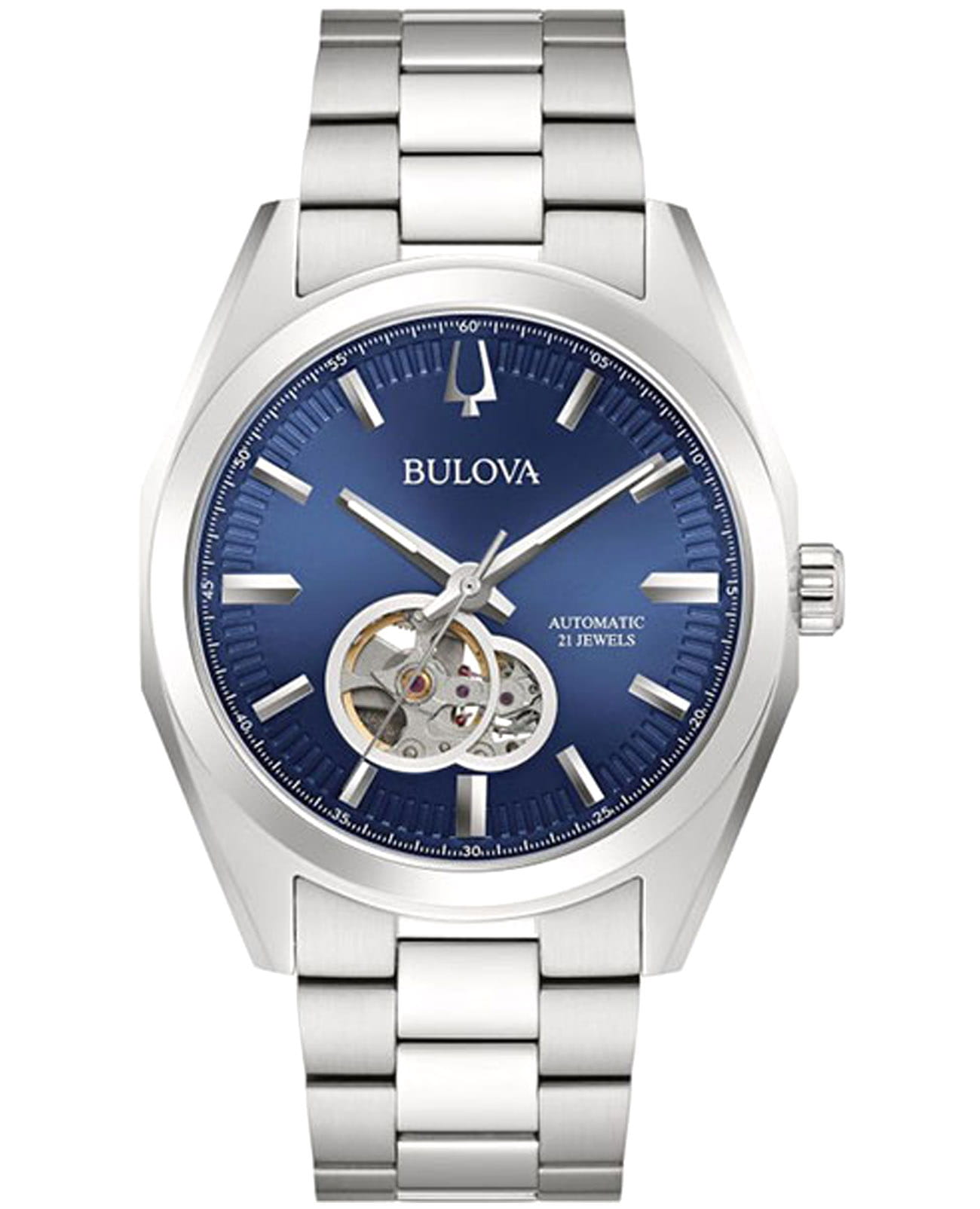 Bulova Bulova Surveyor 96A275  96A275 механические мужские часы синий циферблат, браслет нержавеющая сталь — вид спереди