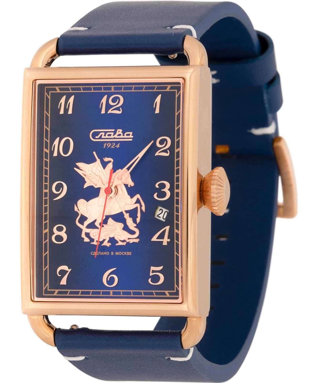 Слава Слава Москва 8703736/300-2414  8703736/300-2414 механические мужские часы синий циферблат, браслет кожаный — вид спереди