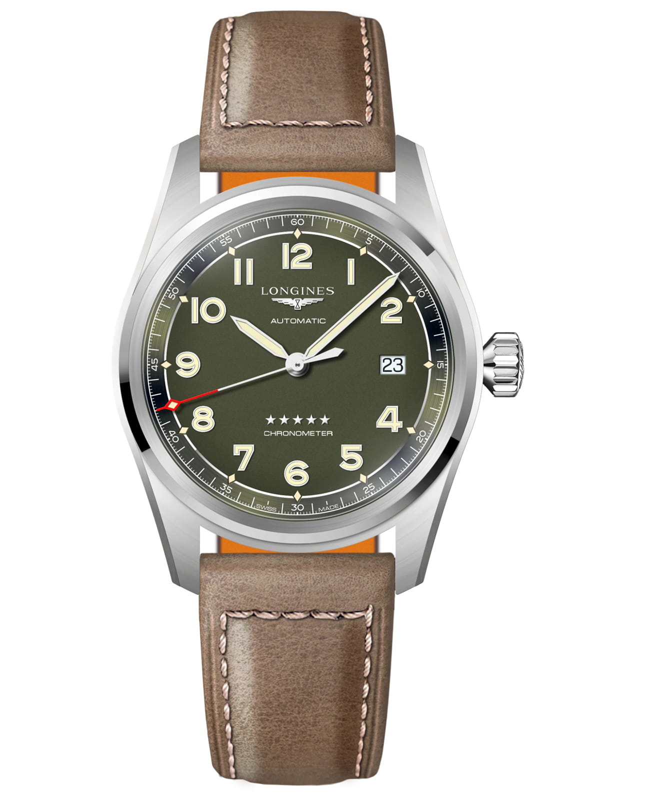 Longines Longines Spirit L3.810.4.03.2  L38104032 механические мужские часы зеленый циферблат, браслет нержавеющая сталь — вид спереди