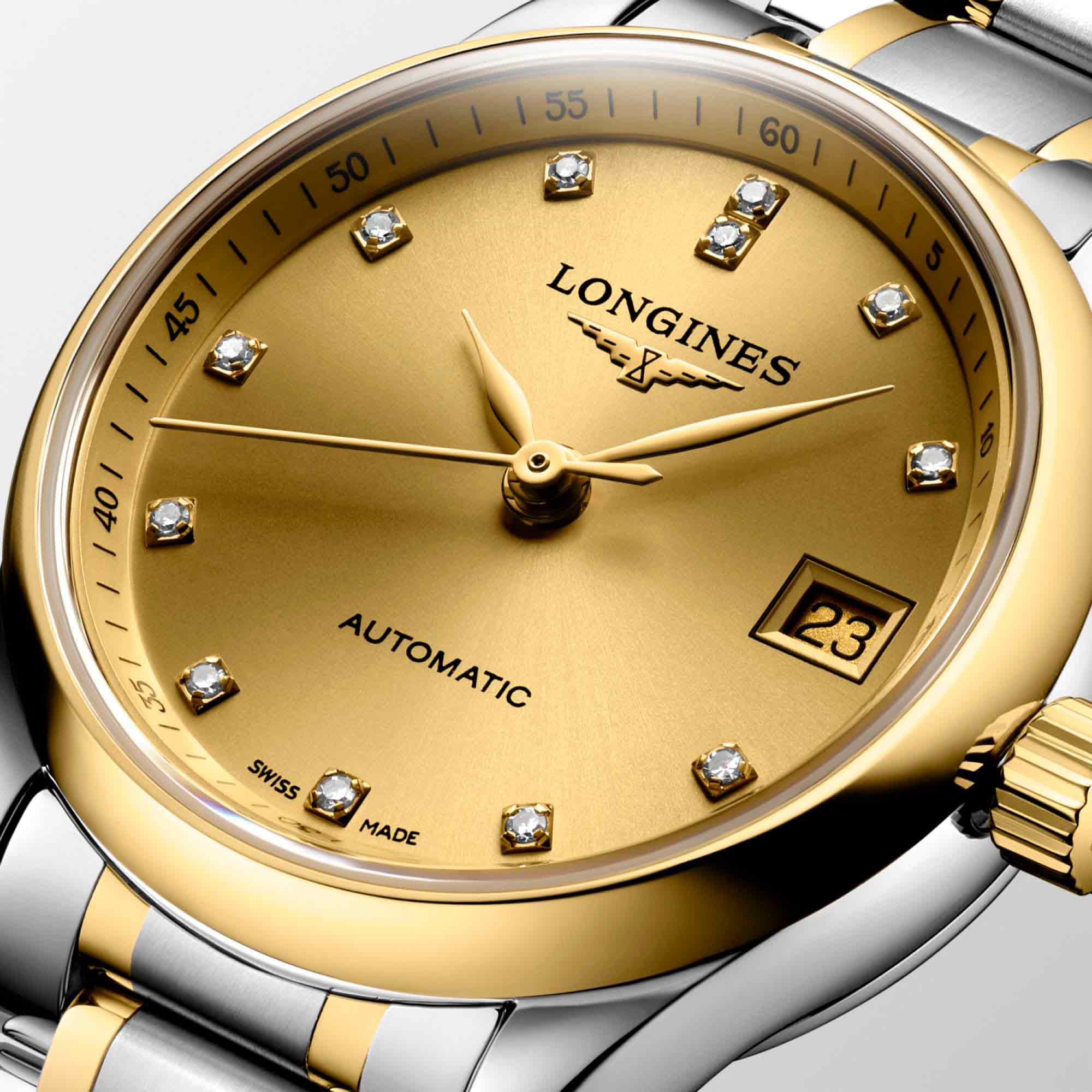 Longines Longines Master Collection L2.128.5.37.7 механические женские часы часы крупный план золотой циферблата