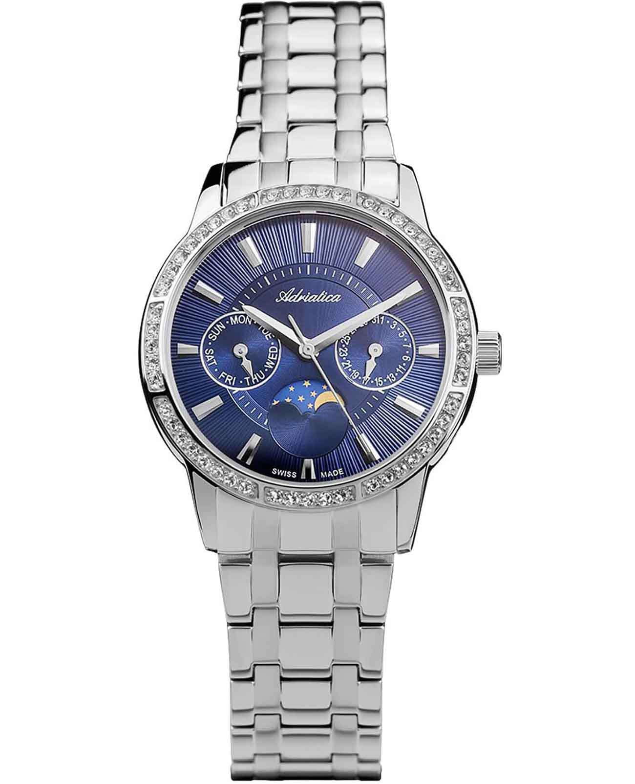 Adriatica Adriatica Moonphase A3601.5115QFZ  A3601.5115QFZ кварцевые женские часы синий циферблат, браслет нержавеющая сталь — вид спереди