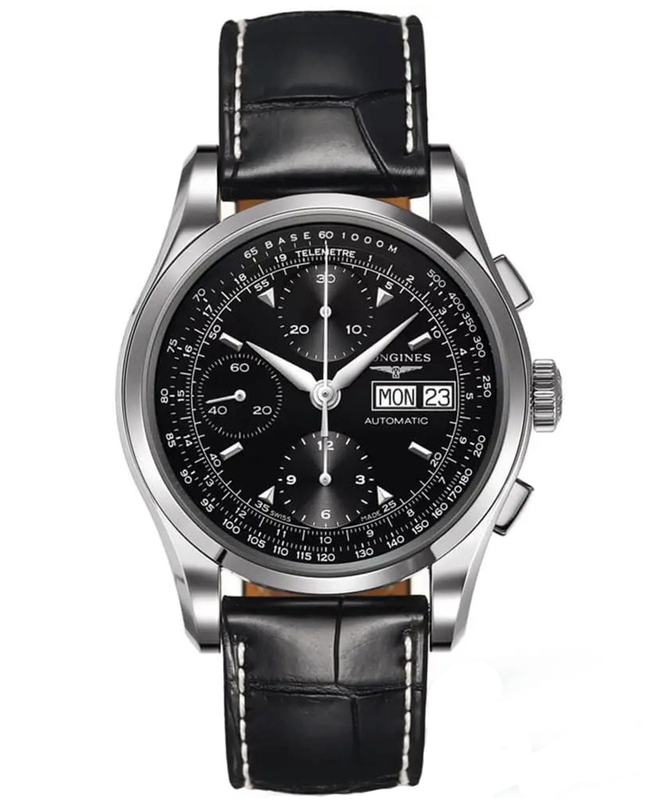Longines Longines Heritage L2.747.4.52.4  L27474524 механические мужские часы черный циферблат, браслет кожаный — вид спереди