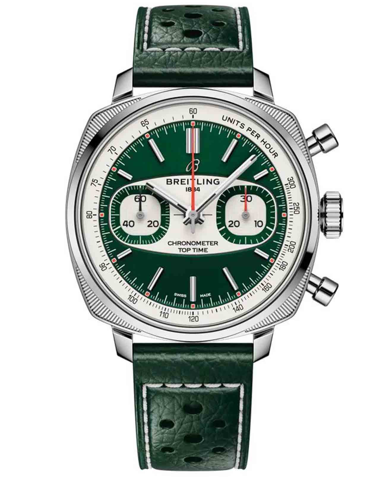 Breitling Breitling Top Time B01 Racing AB01771A1L1X1  AB01771A1L1X1 механические мужские часы зеленый циферблат, браслет кожаный — вид спереди