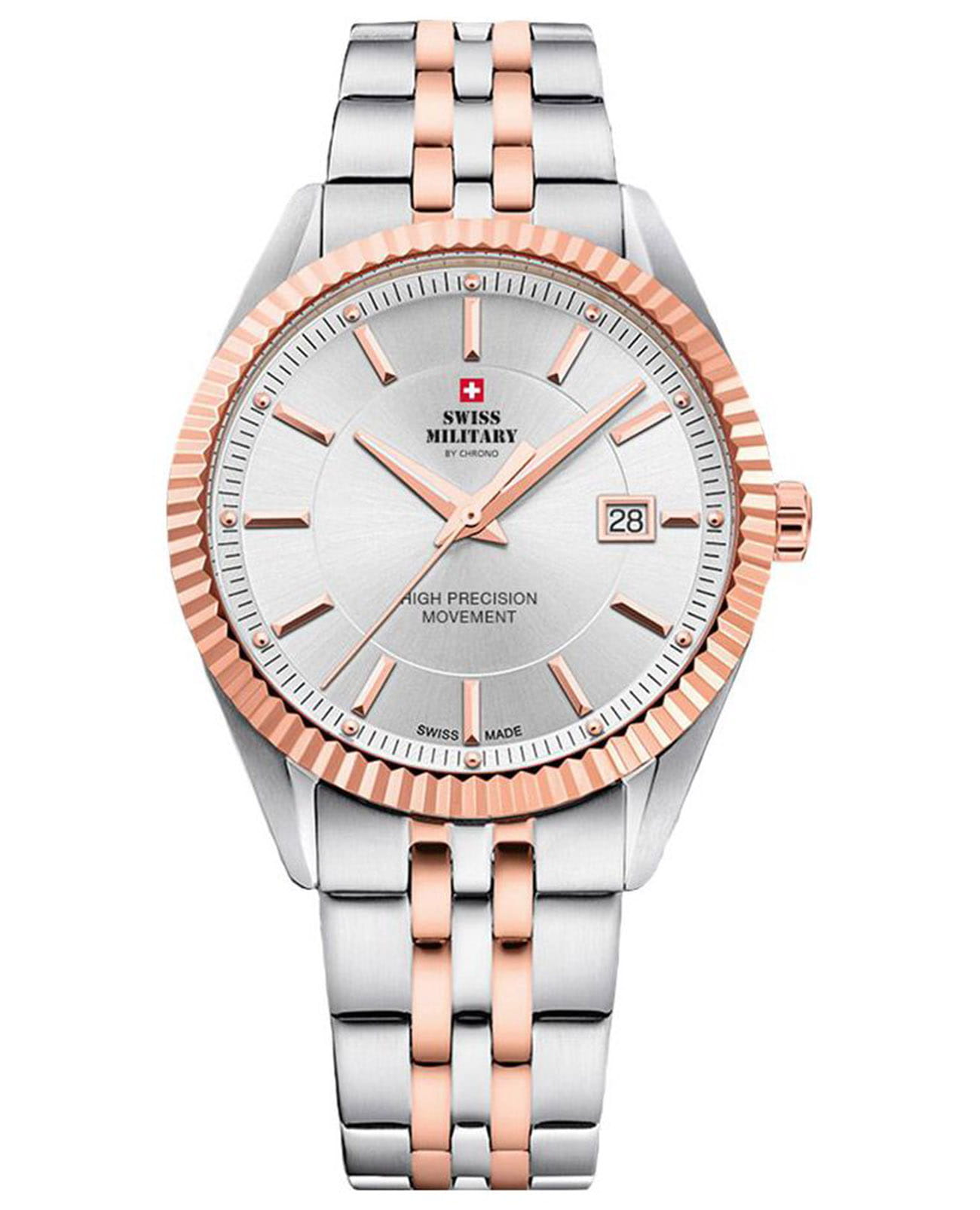 Swiss Military by Chrono Swiss Military by Chrono SM34065.07  SM34065.07 кварцевые мужские часы серебристый циферблат, браслет сталь c pvd покрытием — вид спереди