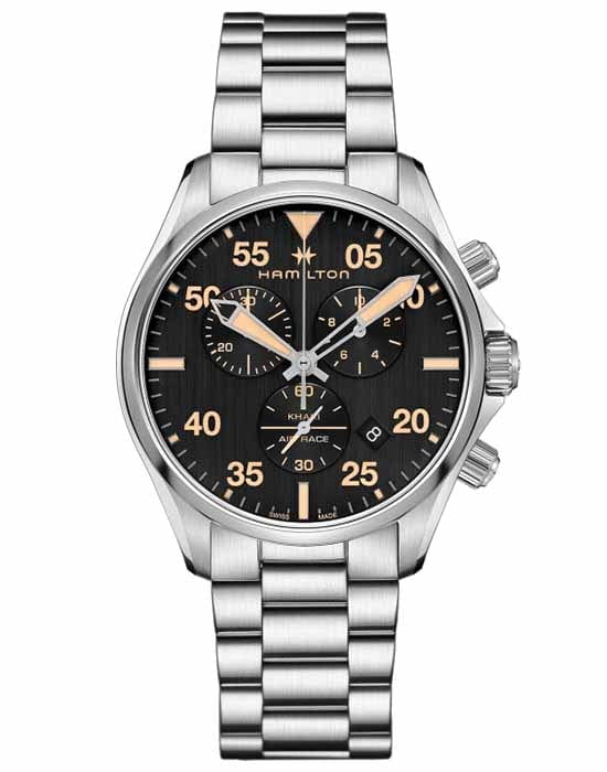 Hamilton Hamilton Khaki Aviation Pilot Chrono H76722131  H76722131 кварцевые мужские часы черный циферблат, браслет нержавеющая сталь — вид спереди