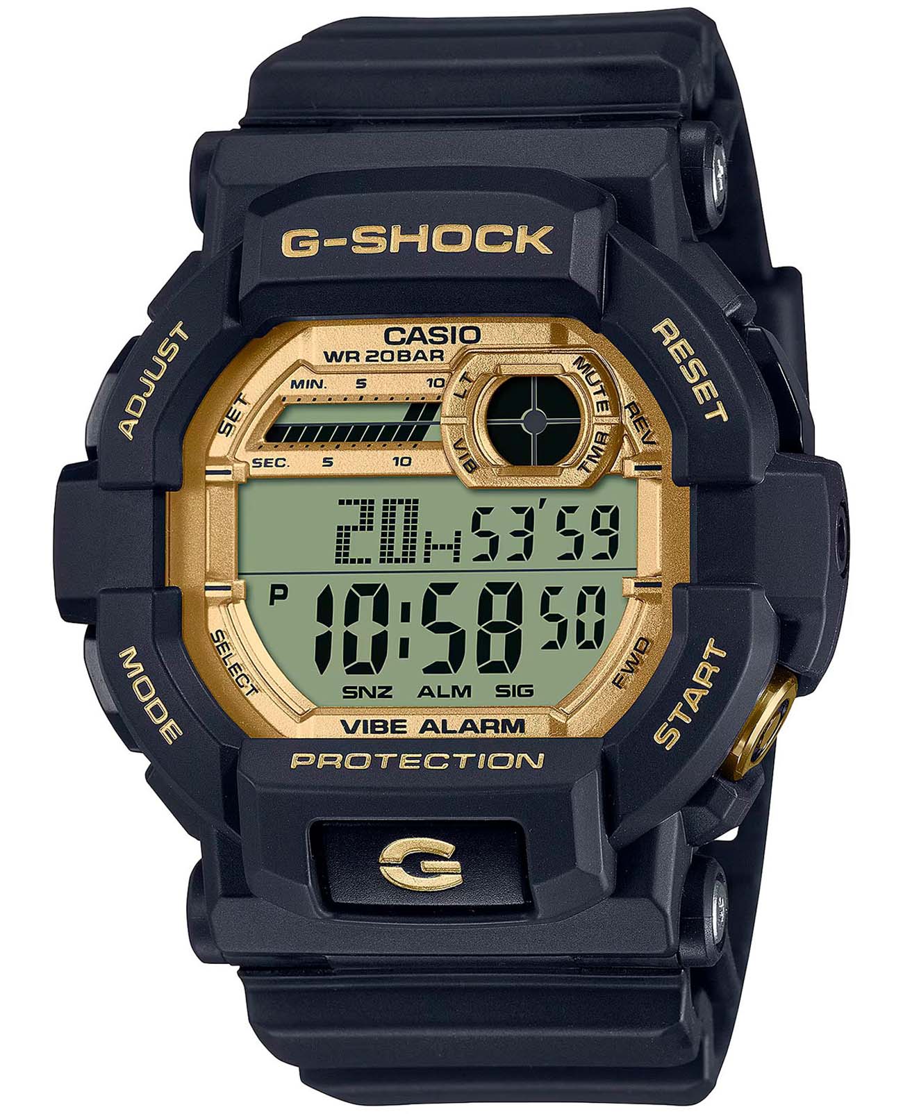 Casio Casio G-Shock GD-350GB-1DR (GD-350GB-1)  GD-350GB-1DR электронные мужские часы золотой циферблат, браслет пластик — вид спереди
