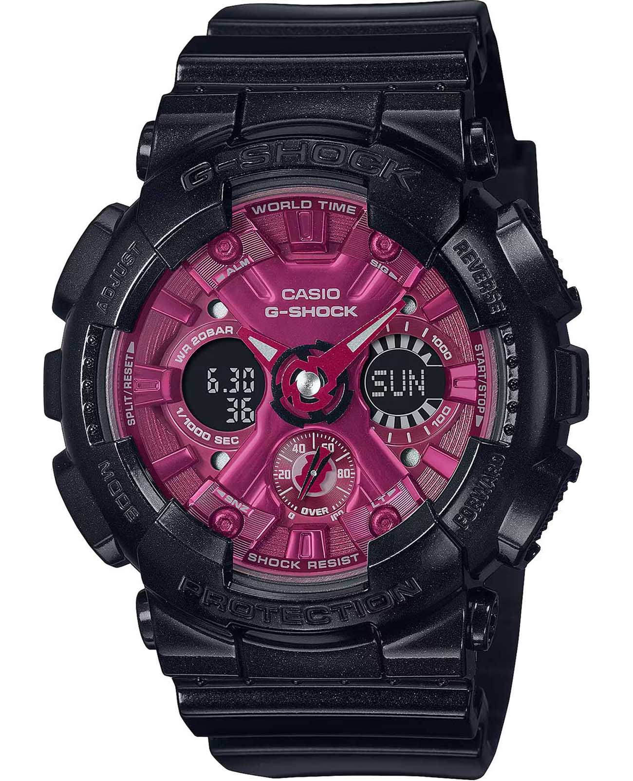 Casio Casio G-Shock GMA-S120RB-1ADR (GMA-S120RB-1a)  GMA-S120RB-1ADR электронные женские часы розовый циферблат, браслет пластик — вид спереди
