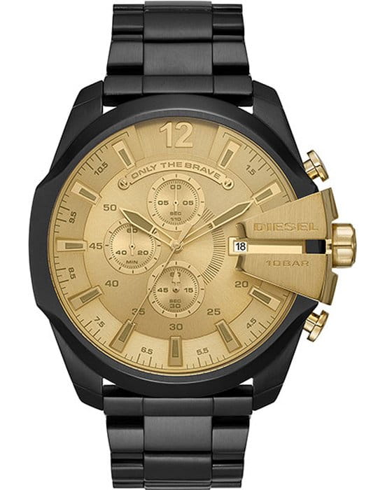 Diesel Diesel Mega Chief DZ4485  DZ4485 кварцевые мужские часы золотой циферблат, браслет сталь c pvd покрытием — вид спереди