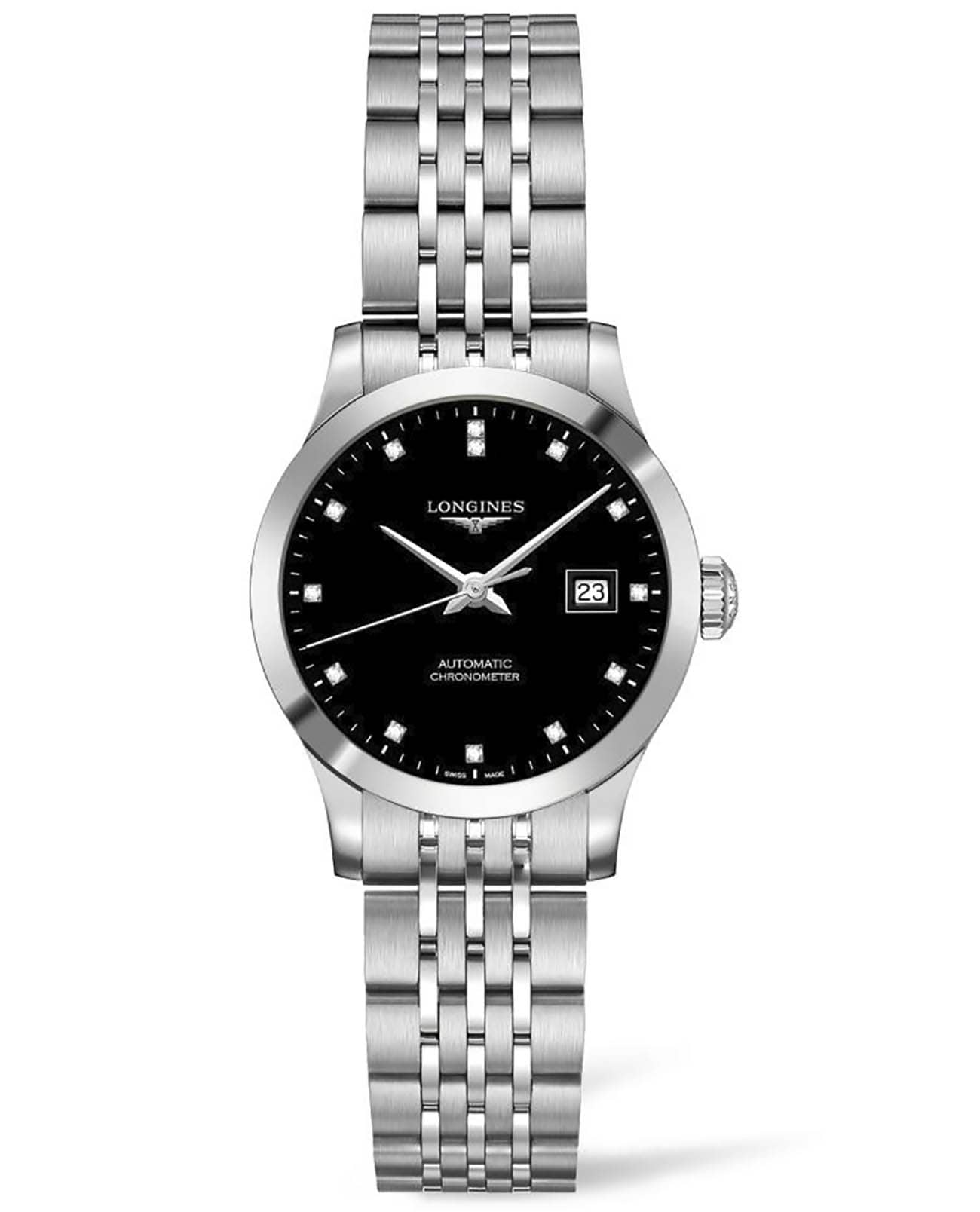 Longines Longines Record Collection L2.321.0.57.6  L23210576 механические женские часы черный циферблат, браслет нержавеющая сталь — вид спереди
