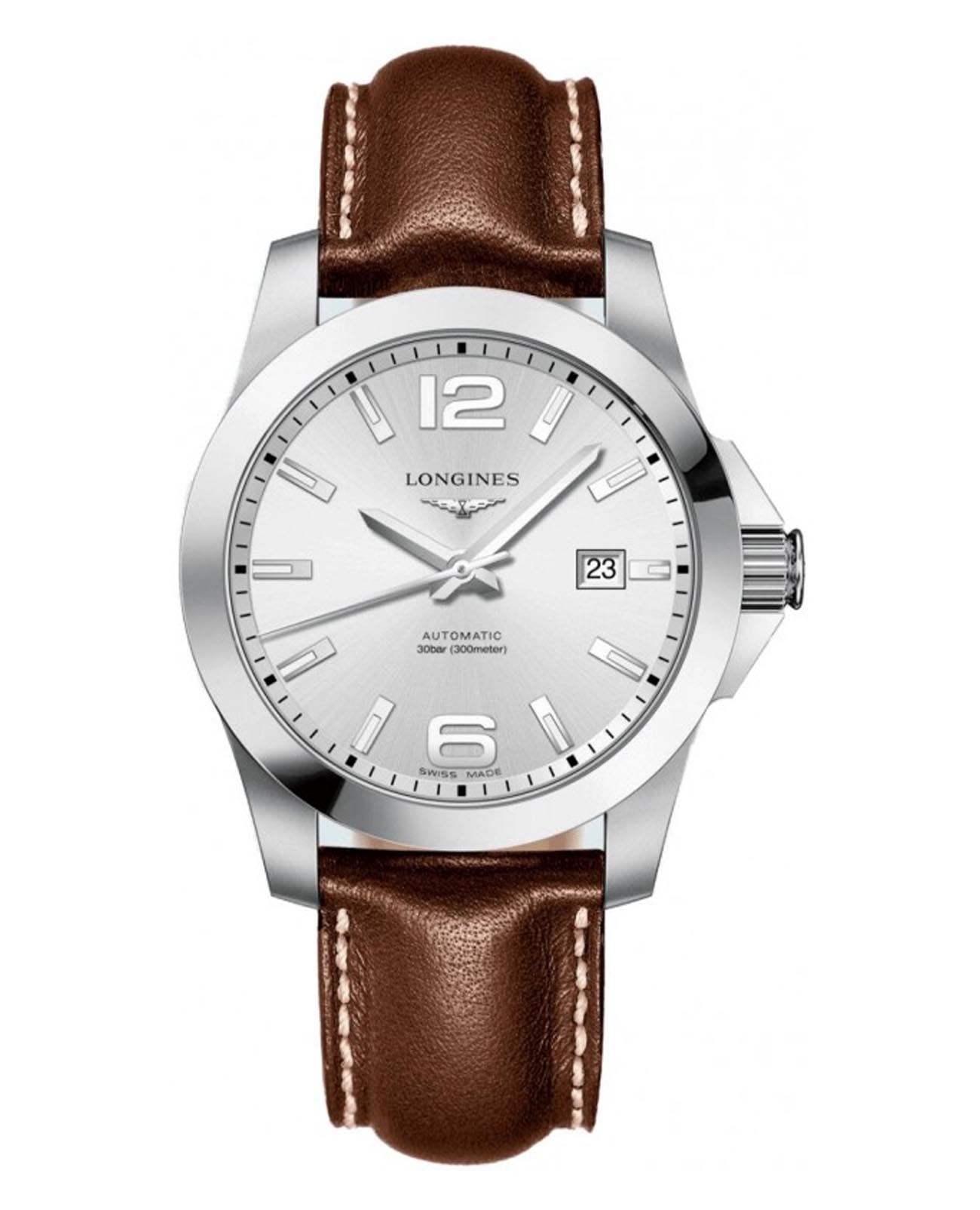 Longines  Longines Conquest L3.777.4.76.4  L37774764 механические мужские часы белый циферблат, браслет кожаный — вид спереди