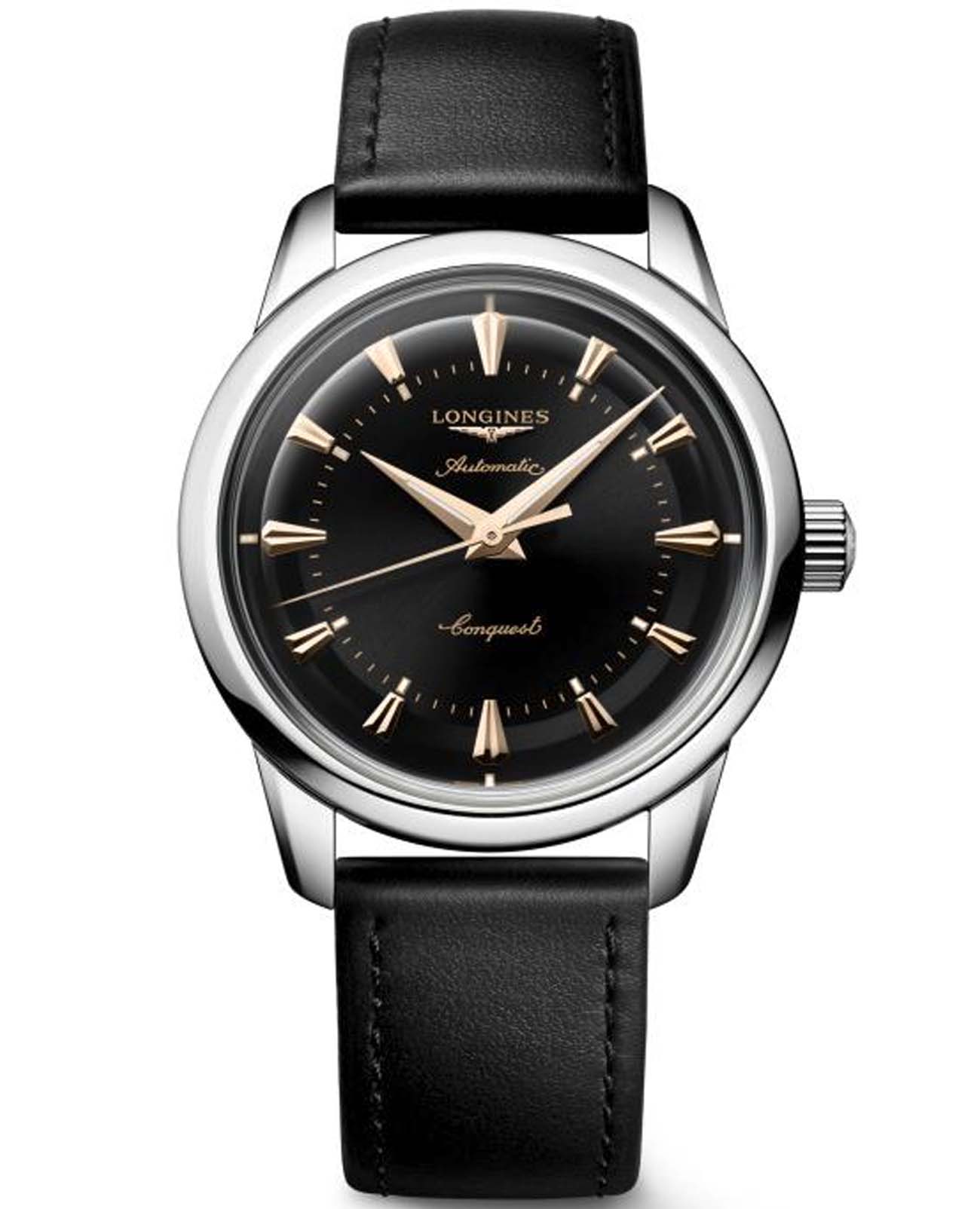 Longines Longines Heritage Classic L1.649.4.52.2  L16494522 механические мужские часы черный циферблат, браслет кожаный — вид спереди