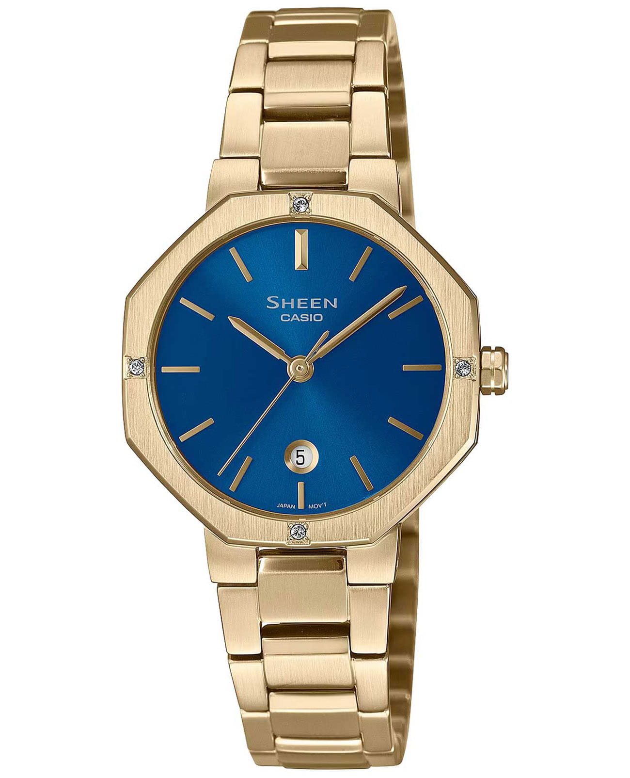 Casio Casio Sheen SHE-4543G-2A  SHE-4543G-2A кварцевые женские часы синий циферблат, браслет сталь с ip покрытием — вид спереди