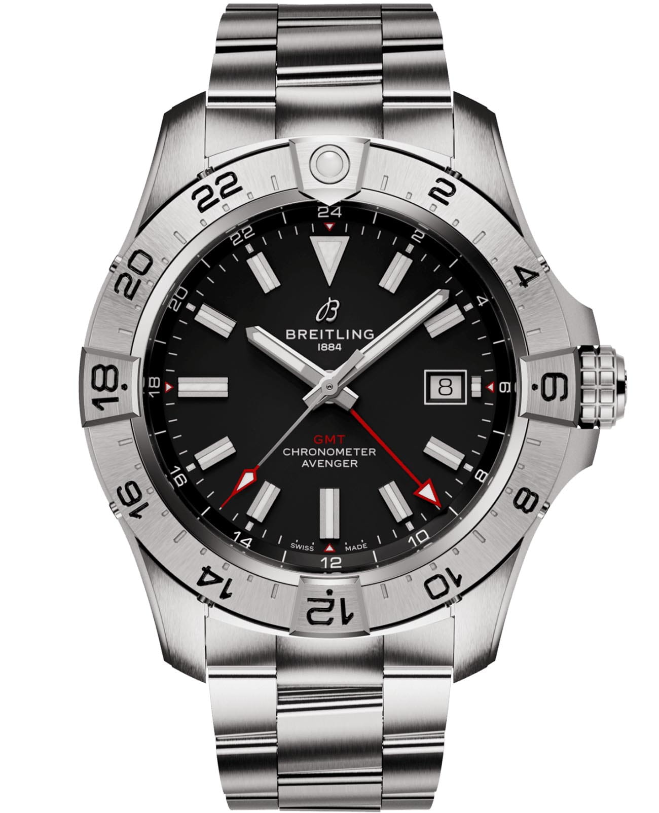 Breitling Breitling Avenger Automatic GMT 44 A32320101B1A1  A32320101B1A1 механические мужские часы черный циферблат, браслет нержавеющая сталь — вид спереди