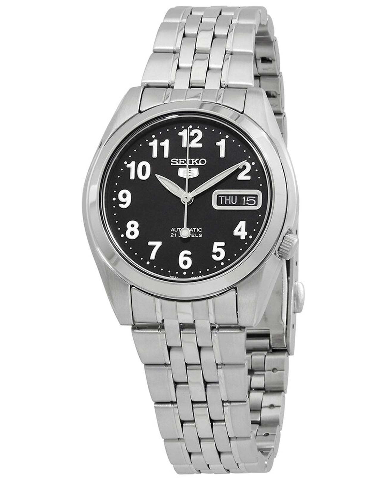 Seiko Seiko 5 Regular SNK381K1  SNK381K1 механические мужские часы черный циферблат, браслет нержавеющая сталь — вид спереди