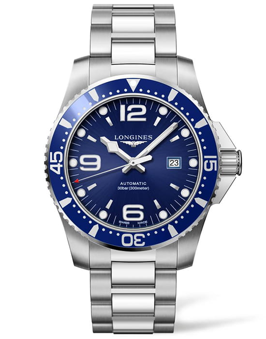 Longines Longines HydroConquest L3.841.4.96.6  L38414966 механические мужские часы синий циферблат, браслет нержавеющая сталь — вид спереди