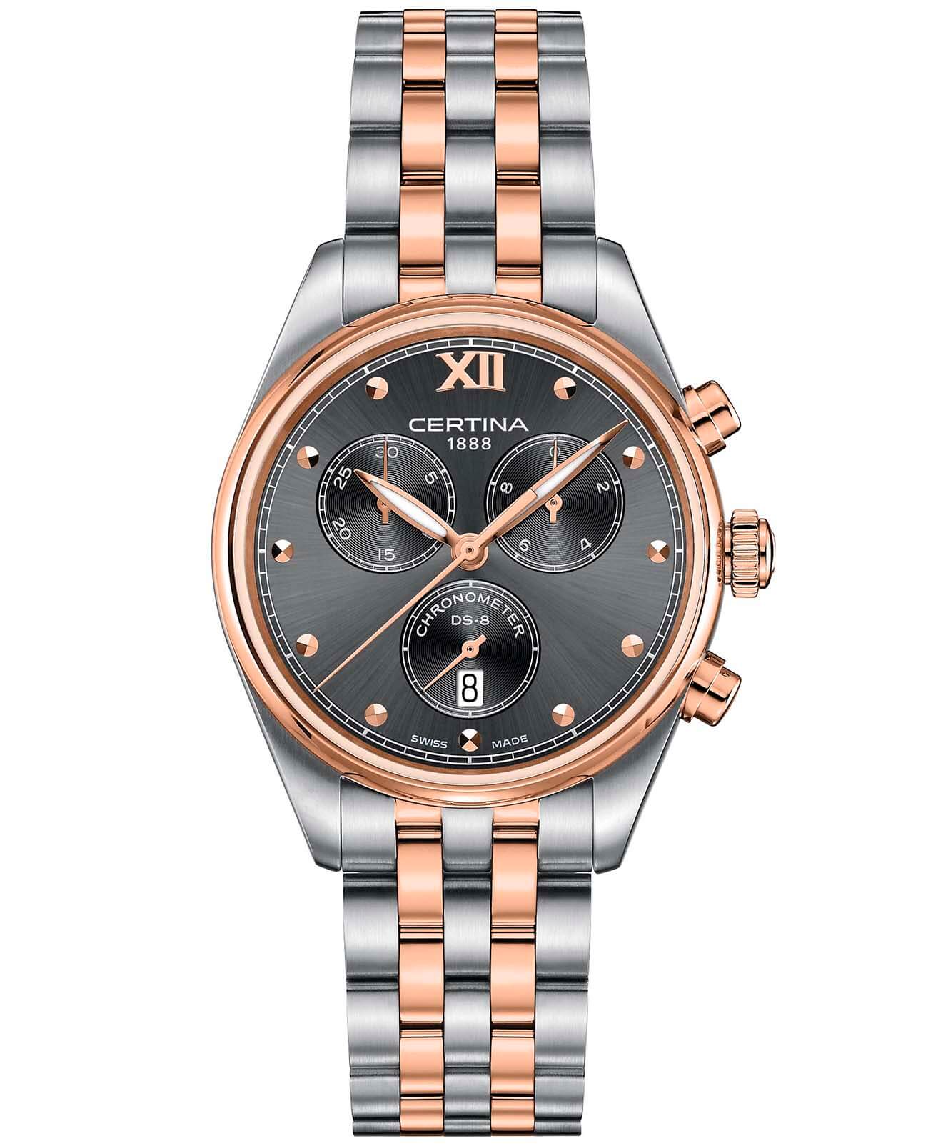 Certina Certina DS-8 Lady Chronograph C033.234.22.088.00 DS 8 C0332342208800 кварцевые женские часы серый циферблат, браслет сталь c pvd покрытием — вид спереди