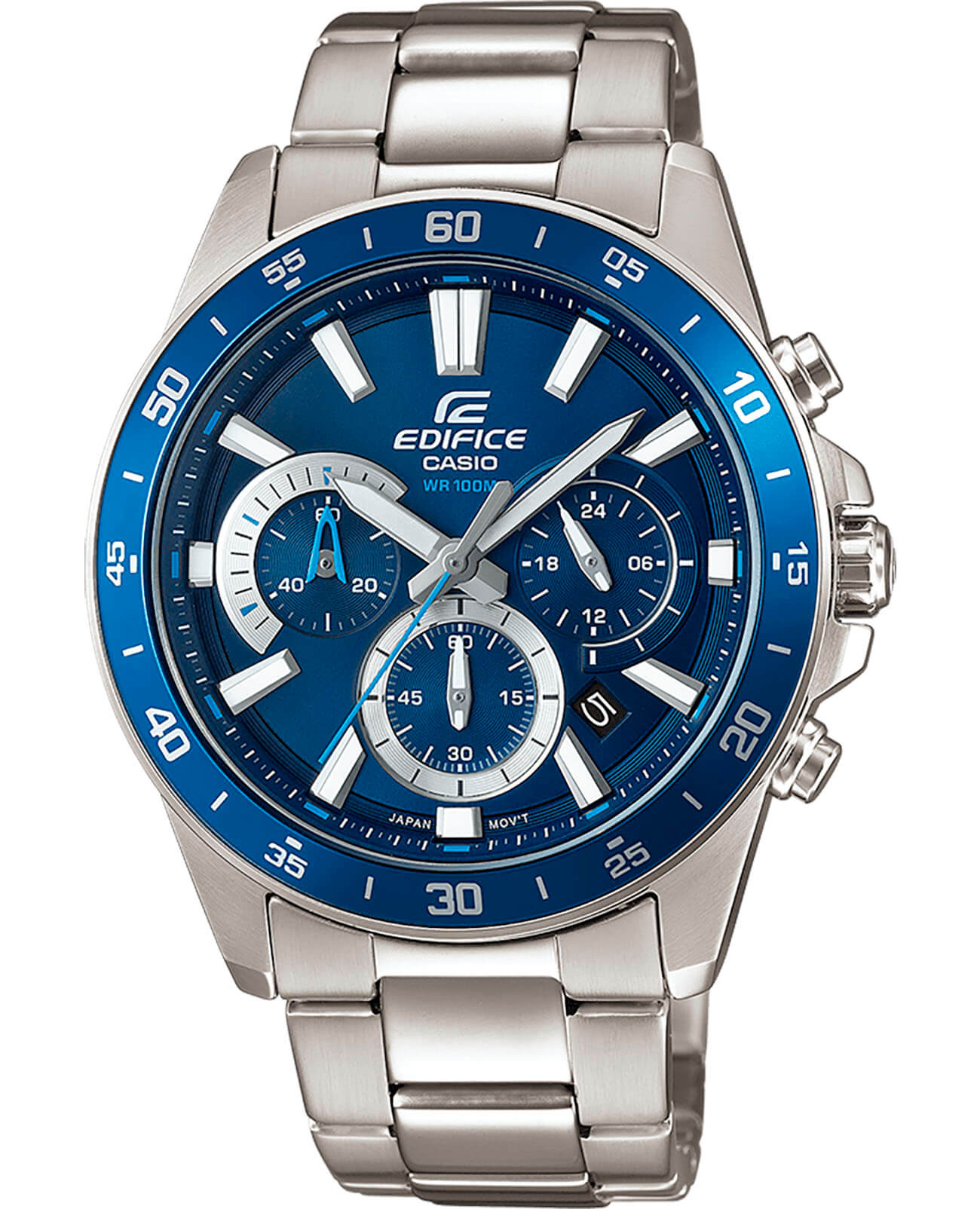 Casio Casio Edifice EFV-570D-2AVUDF (EFV-570D-2A) EFV EFV-570D-2A кварцевые мужские часы синий циферблат, браслет нержавеющая сталь — вид спереди