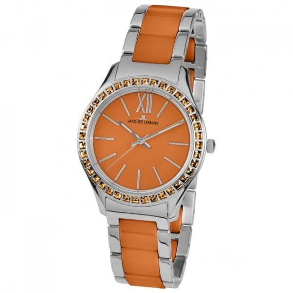 Jacques Lemans Jacques Lemans 1-1797L  1-1797L кварцевые женские часы оранжевый циферблат, браслет сталь + керамические вставки — вид спереди