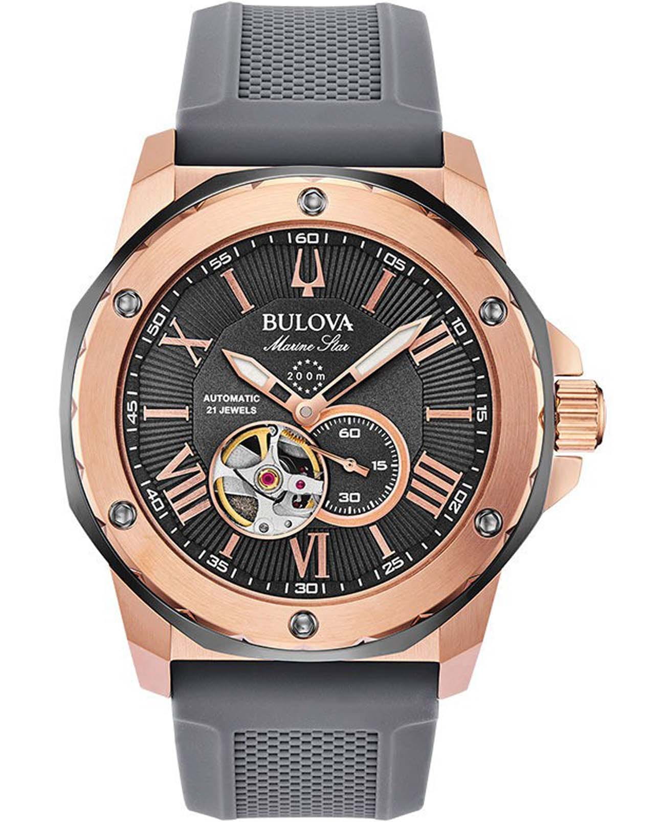 Bulova Bulova Marine Star 98A228  98A228 механические мужские часы черный циферблат, браслет силикон — вид спереди