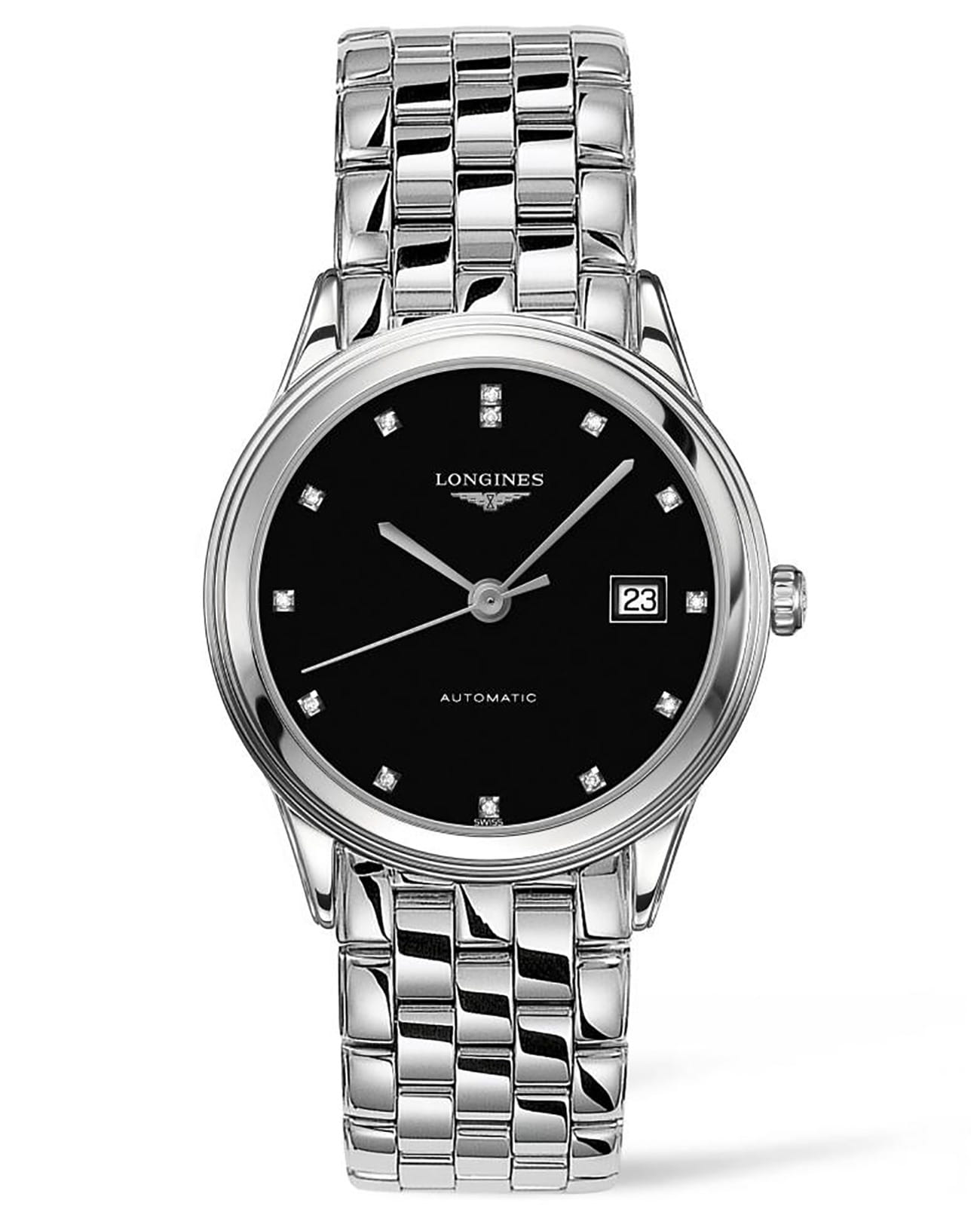 Longines Longines Flagship L4.974.4.57.6  L49744576 механические мужские часы черный циферблат, браслет нержавеющая сталь — вид спереди
