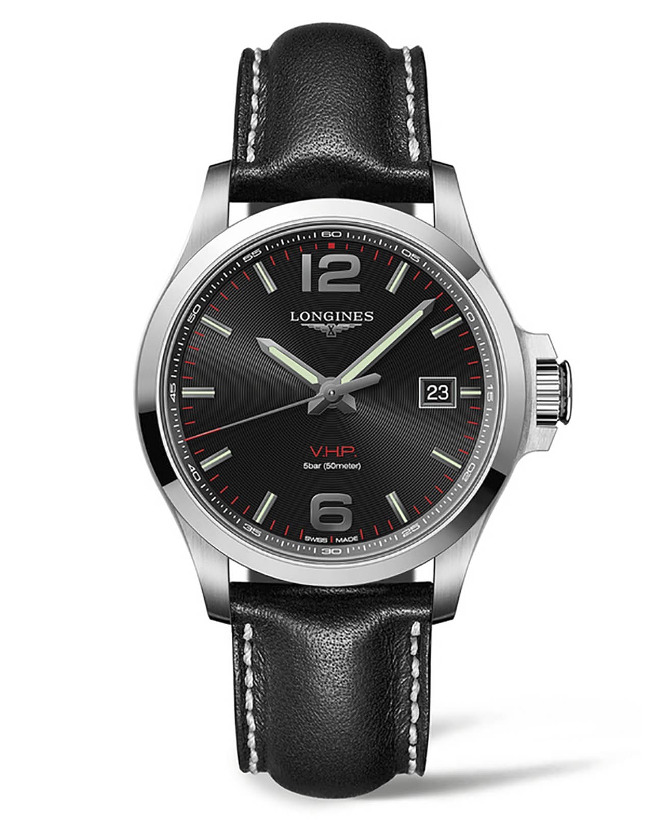 Longines Longines Conquest V.H.P. L3.726.4.56.2  L37264562 кварцевые мужские часы черный циферблат, браслет кожаный — вид спереди