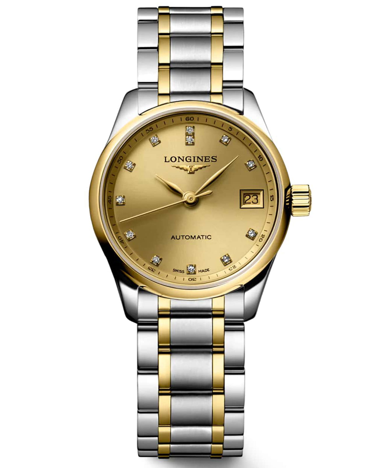 Longines Longines Master Collection L2.128.5.37.7  L21285377 механические женские часы золотой циферблат, браслет нержавеющая сталь + золото 18к — вид спереди