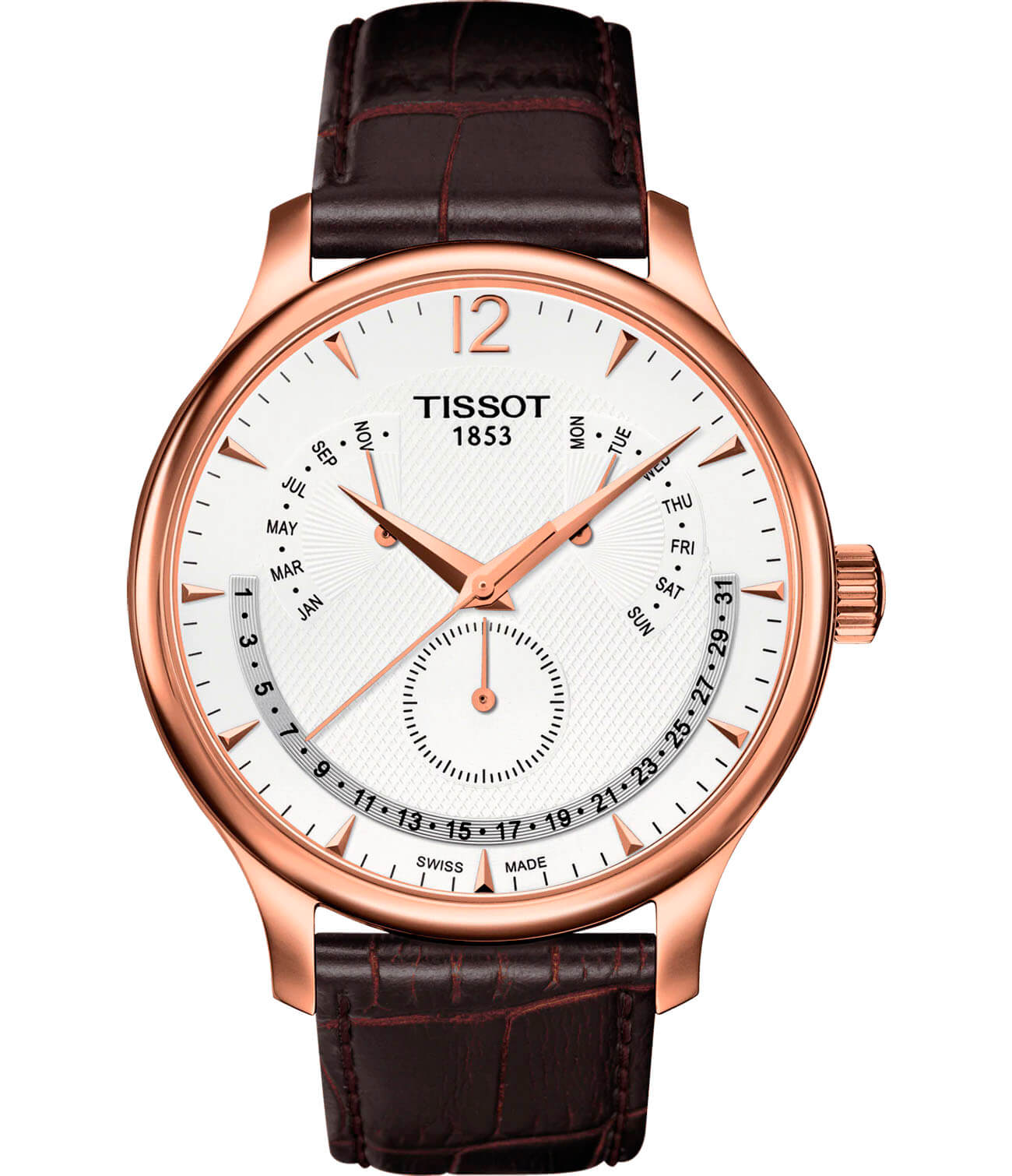 Tissot Tissot Tradition Perpetual Calendar T063.637.36.037.00 Tradition T0636373603700 кварцевые мужские часы белый циферблат, браслет кожаный — вид спереди
