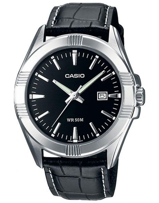 Casio Casio MTP-1308PL-1A  MTP-1308PL-1A кварцевые мужские часы черный циферблат, браслет кожаный — вид спереди