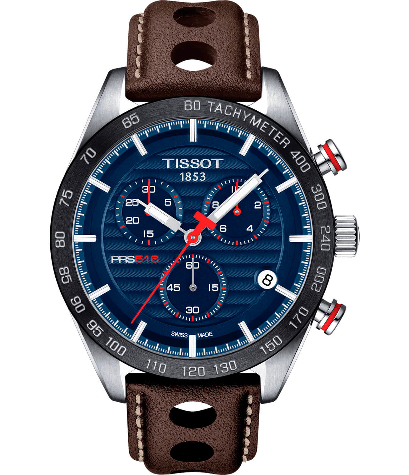 Tissot Tissot PRS 516 Chronograph T100.417.16.041.00 PRS 516 T1004171604100 кварцевые мужские часы синий циферблат, браслет кожаный — вид спереди