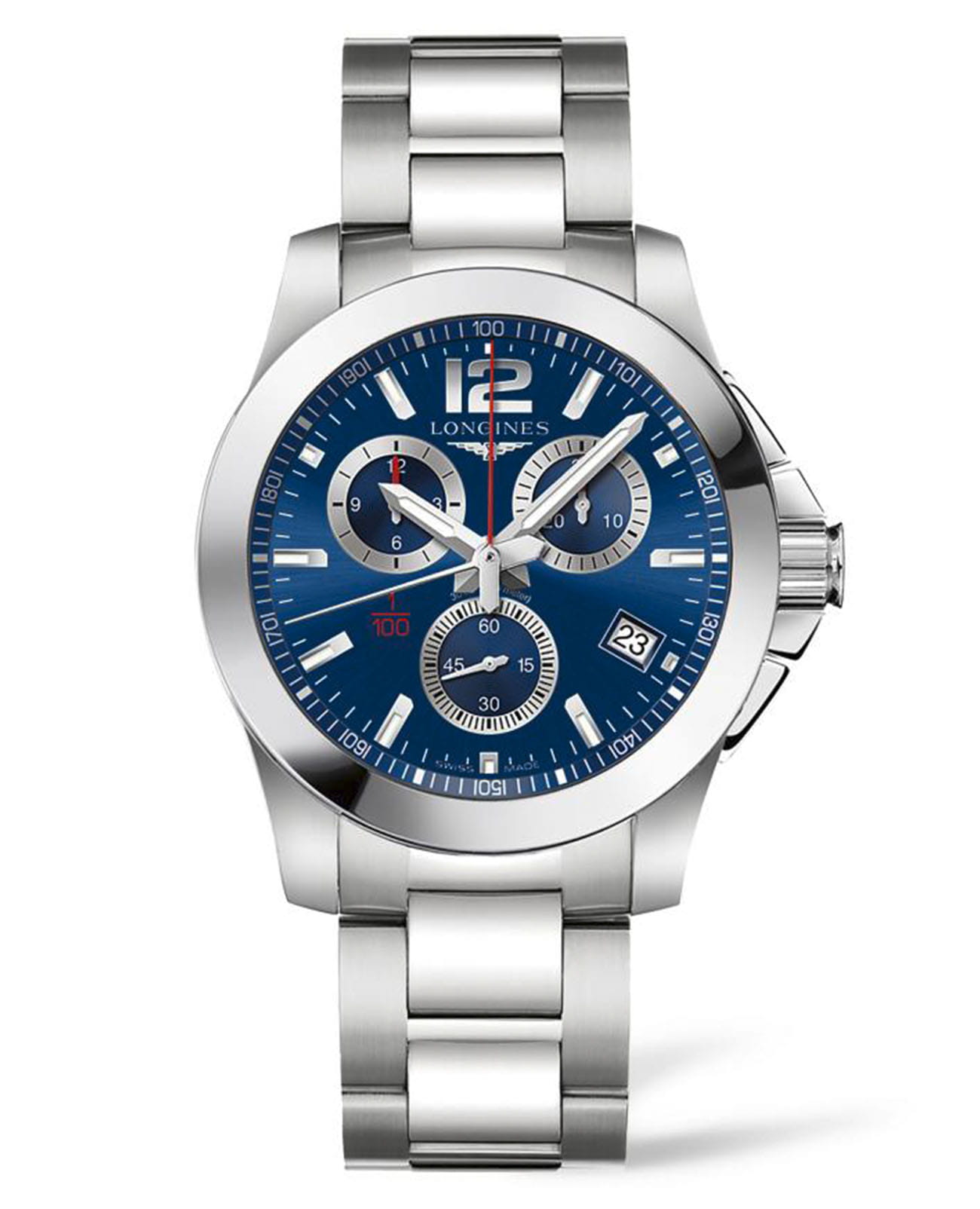 Longines Longines Conquest L3.700.4.96.6  L37004966 кварцевые мужские часы синий циферблат, браслет нержавеющая сталь — вид спереди