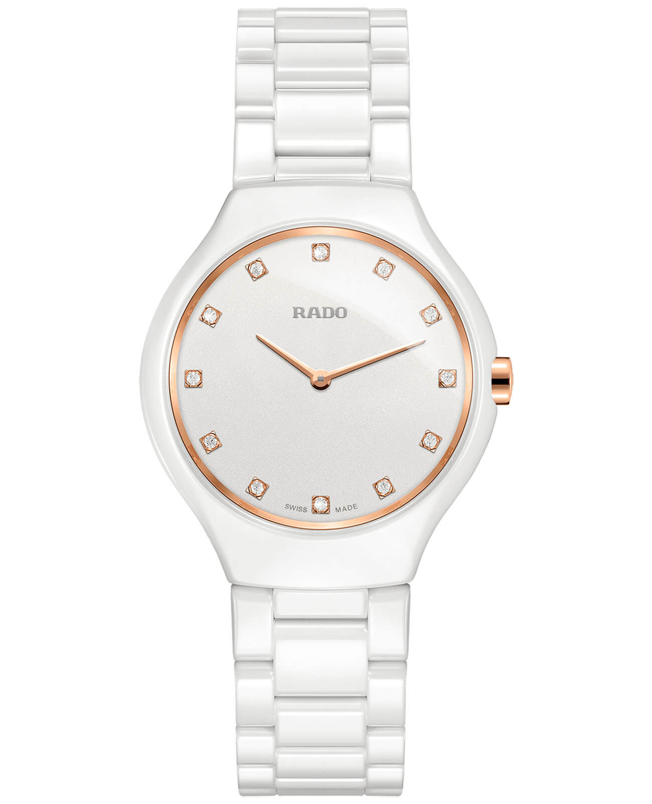 Rado Rado True Thinline Diamonds R27958722  R27958722 кварцевые женские часы белый циферблат, браслет высокотехнологичная керамика — вид спереди