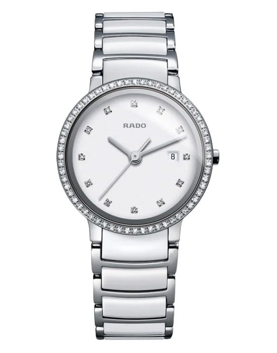 Rado Rado Centrix Diamonds R30936722  R30936722 кварцевые женские часы белый циферблат, браслет сталь + высокотехнологичная керамика — вид спереди