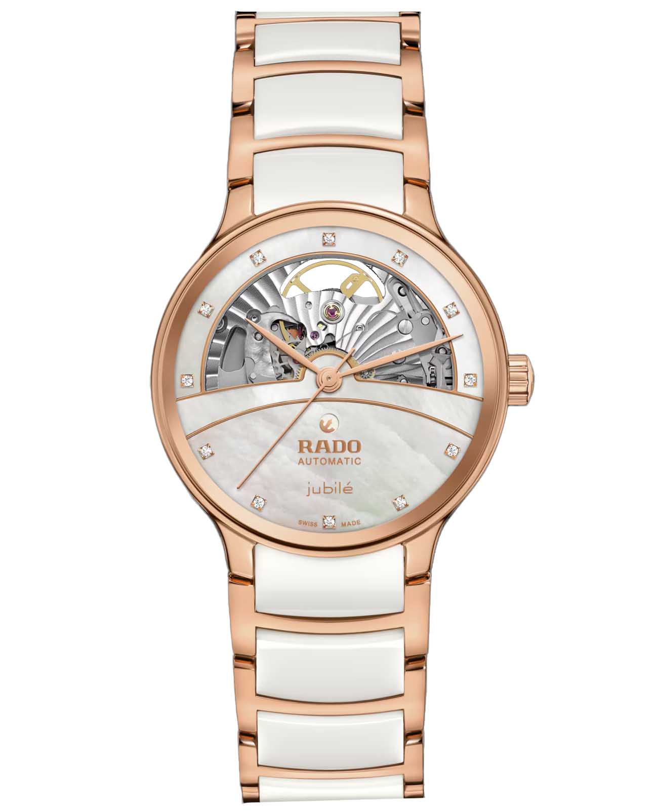 Rado Rado Centrix Automatic Diamonds Open Heart R30029922 Automatic R30029922 механические женские часы перламутровый циферблат, браслет высокотехнологичная керамика + нержавеющая сталь с pvd покрытием — вид спереди