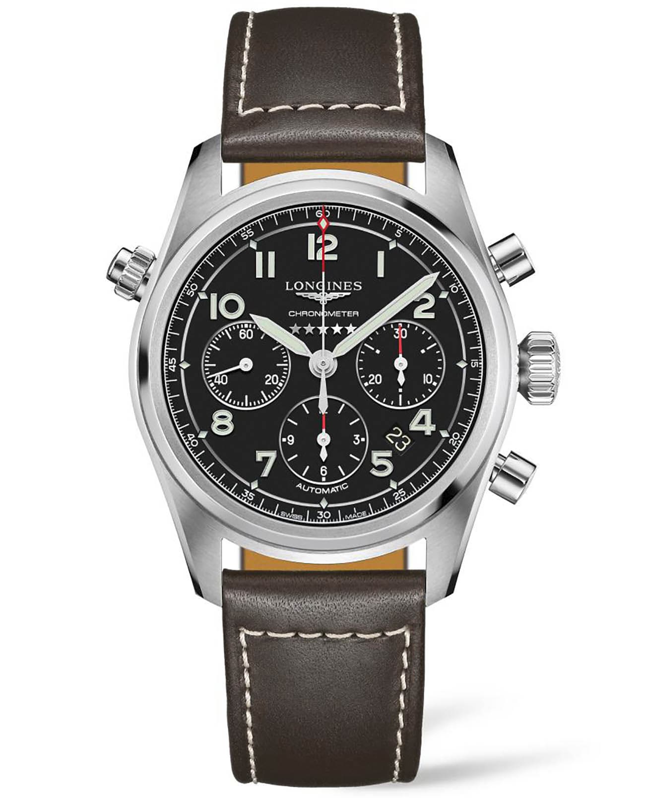 Longines Longines Spirit L3.820.4.53.0  L38204530 механические мужские часы черный циферблат, браслет кожаный — вид спереди