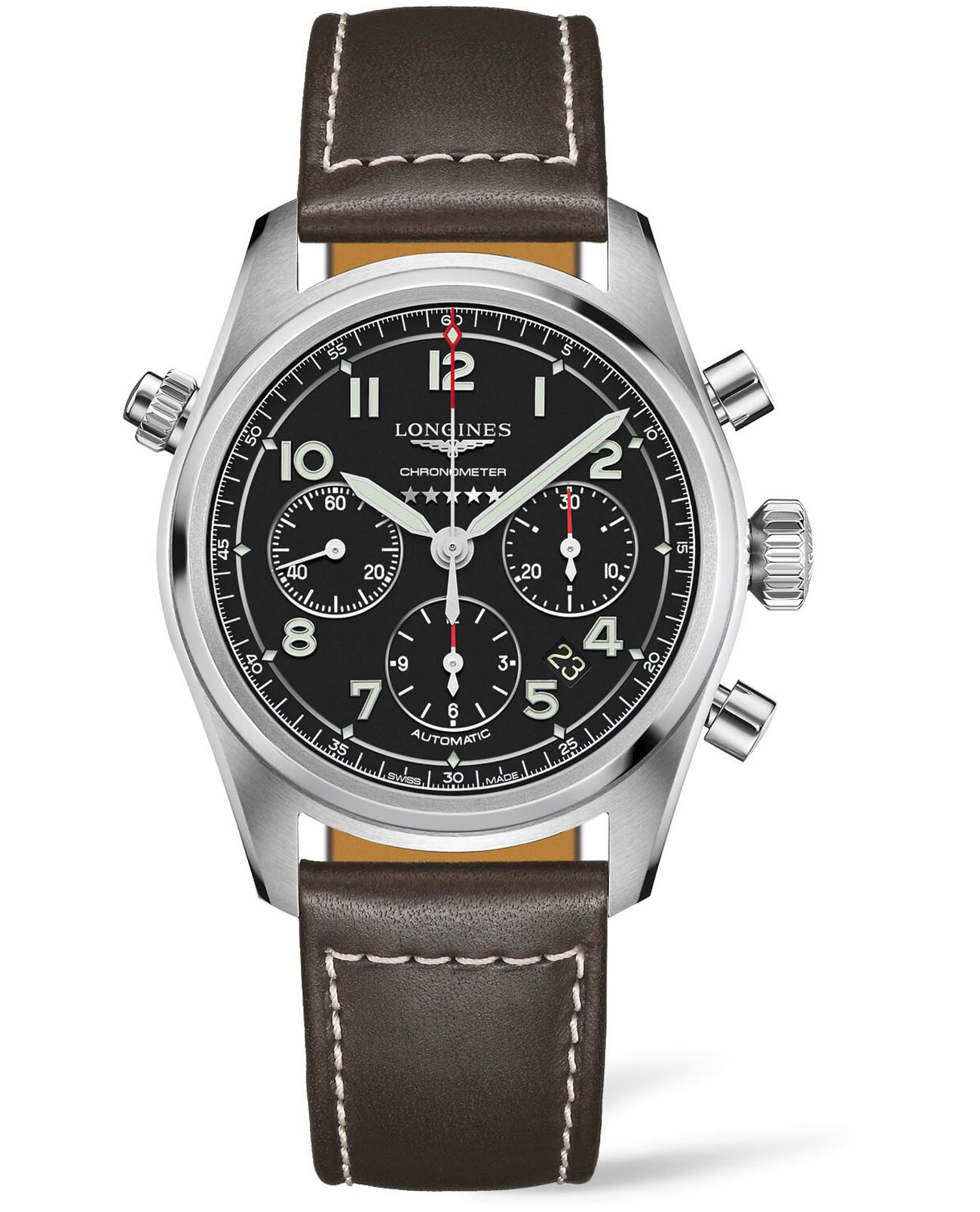 Longines Longines Spirit L3.820.4.53.3  L38204533 механические мужские часы черный циферблат, браслет кожаный — вид спереди