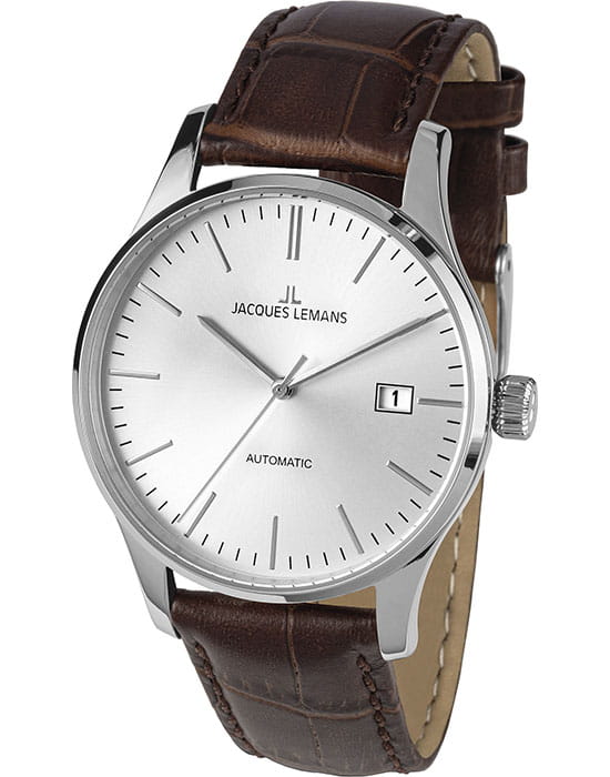 Jacques Lemans Jacques Lemans Classic 1-2073B  1-2073B механические мужские часы серебристый циферблат, браслет кожаный — вид спереди