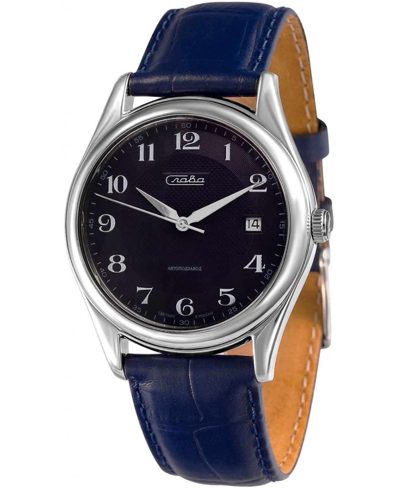 Слава Слава Сенат 1490904/300-8215  1490904/300-8215 механические мужские часы синий циферблат, браслет кожаный — вид спереди