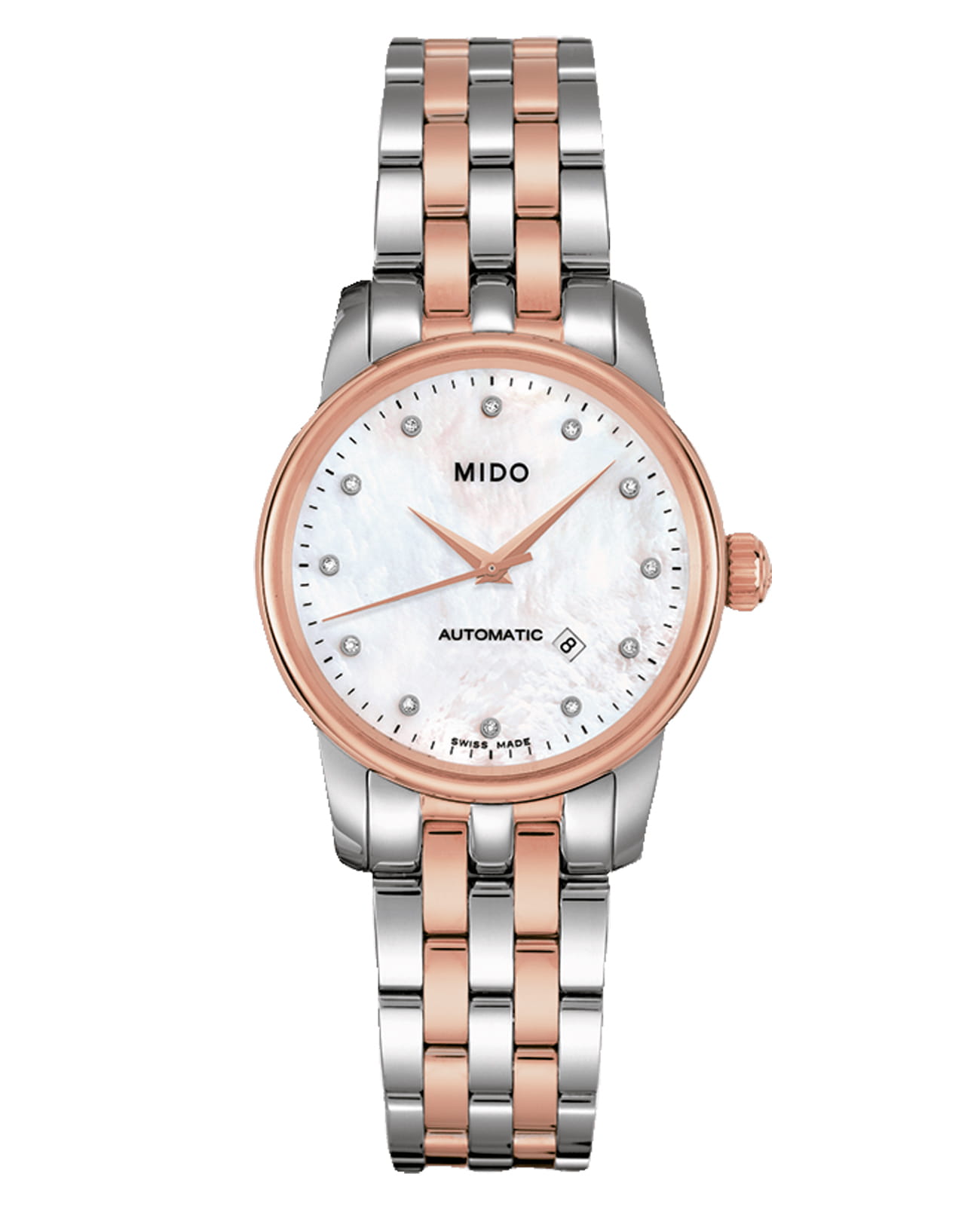 Mido Mido Baroncelli M7600.9.69.1  M76009691 механические женские часы перламутровый циферблат, браслет нержавеющая сталь — вид спереди