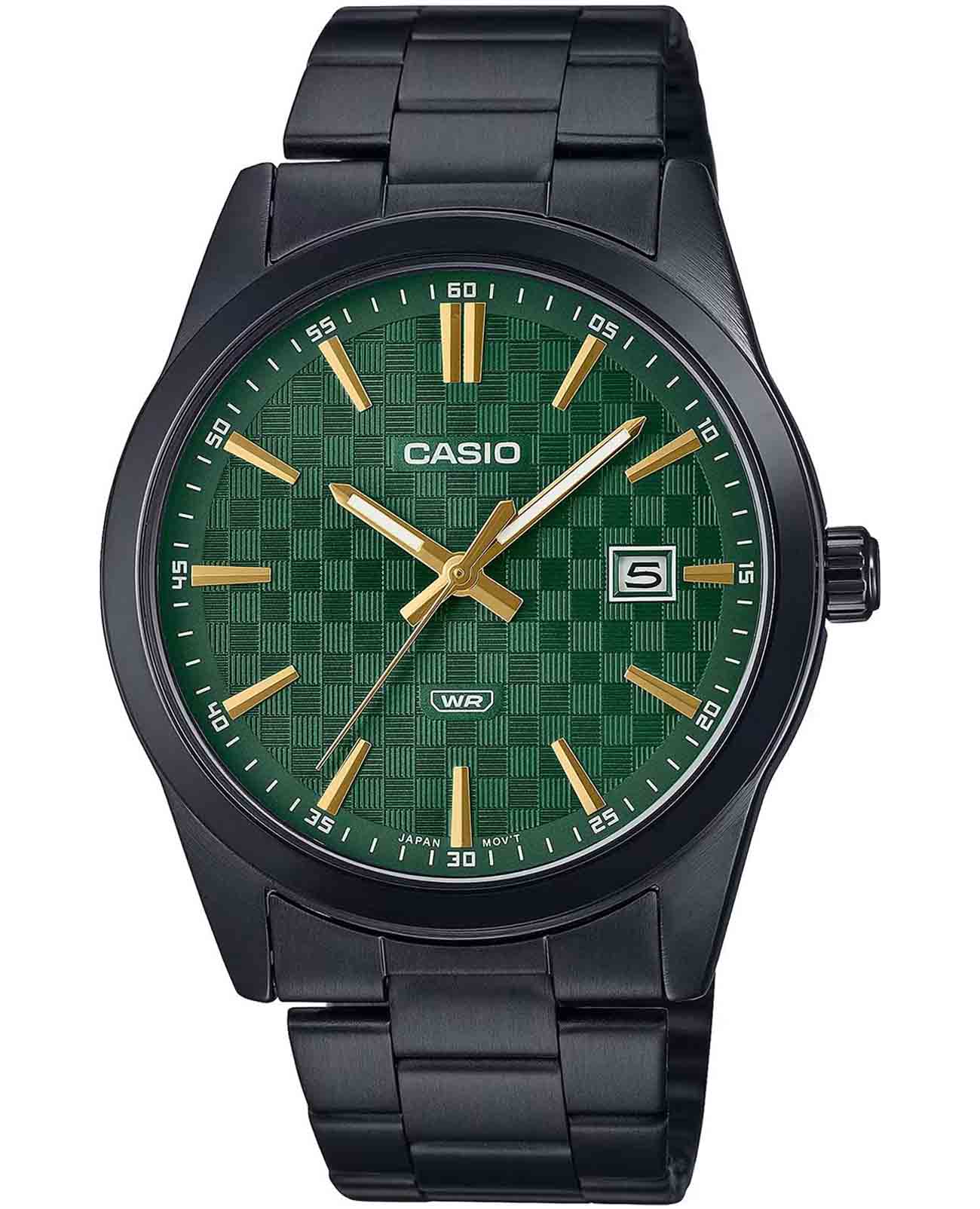 Casio Casio Collection MTP-VD03B-3AUDF (MTP-VD03B-3A)  MTP-VD03B-3A кварцевые мужские часы зеленый циферблат, браслет сталь с ip покрытием — вид спереди