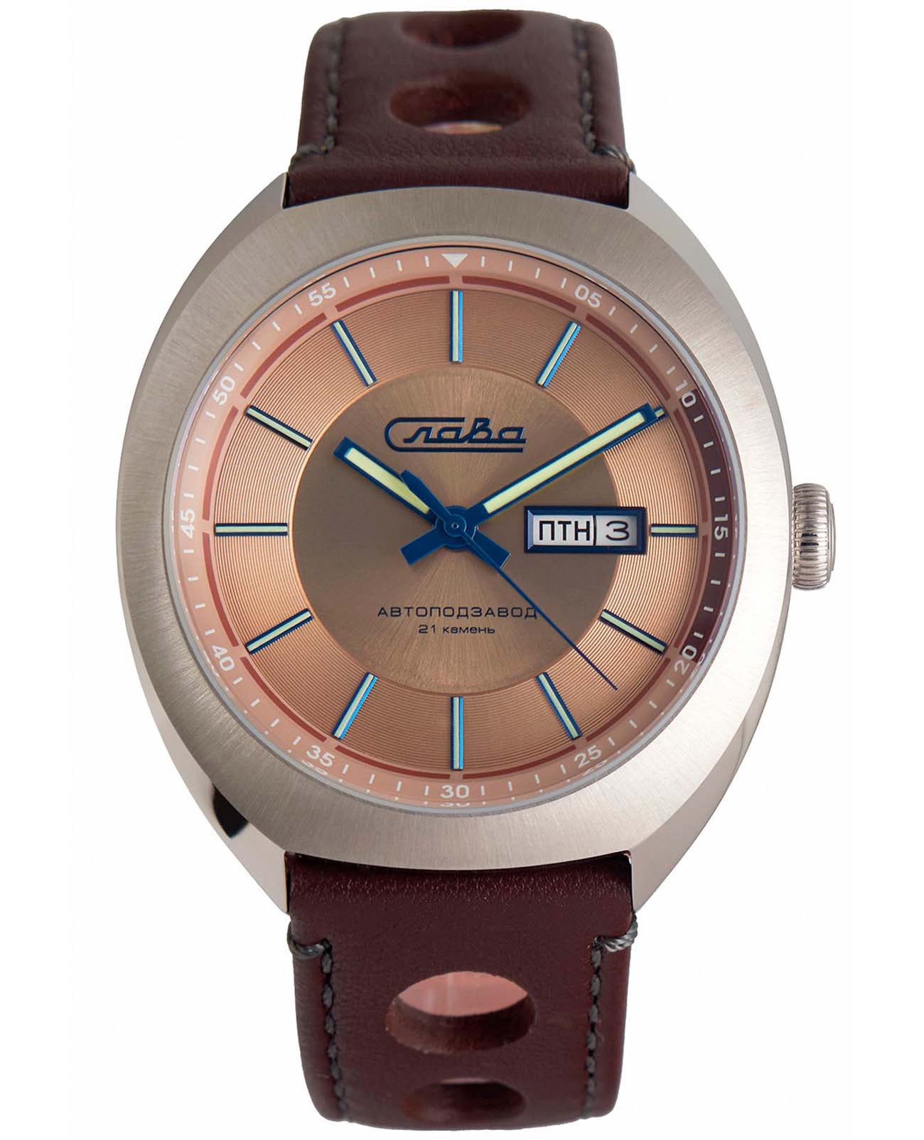 Слава Слава Мир 3010699/300-8205  3010699/300-8205 механические мужские часы бежевый циферблат, браслет кожаный — вид спереди