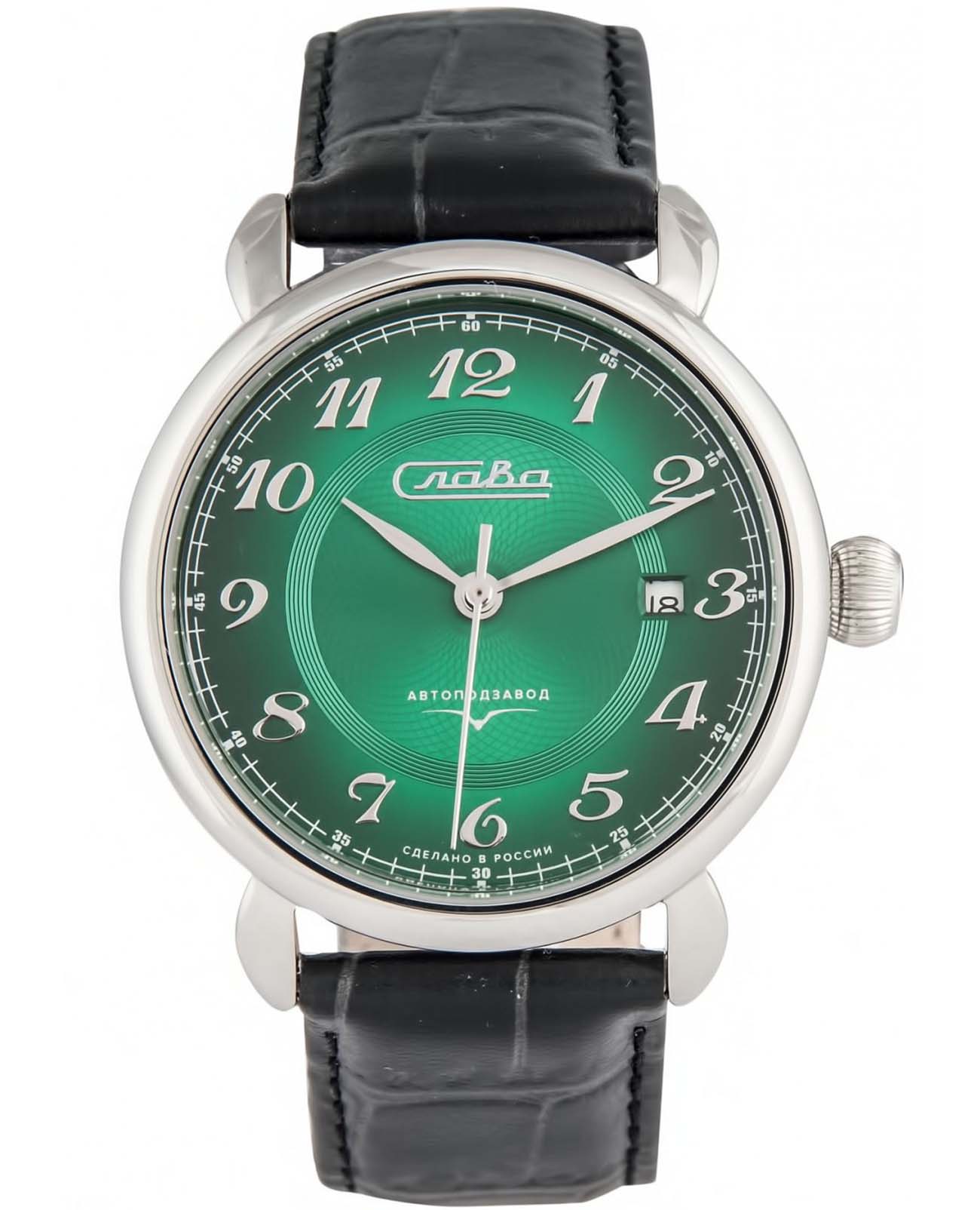 Слава Слава Традиция 2410499/300-1612  2410499/300-1612 механические мужские часы зеленый циферблат, браслет кожаный — вид спереди