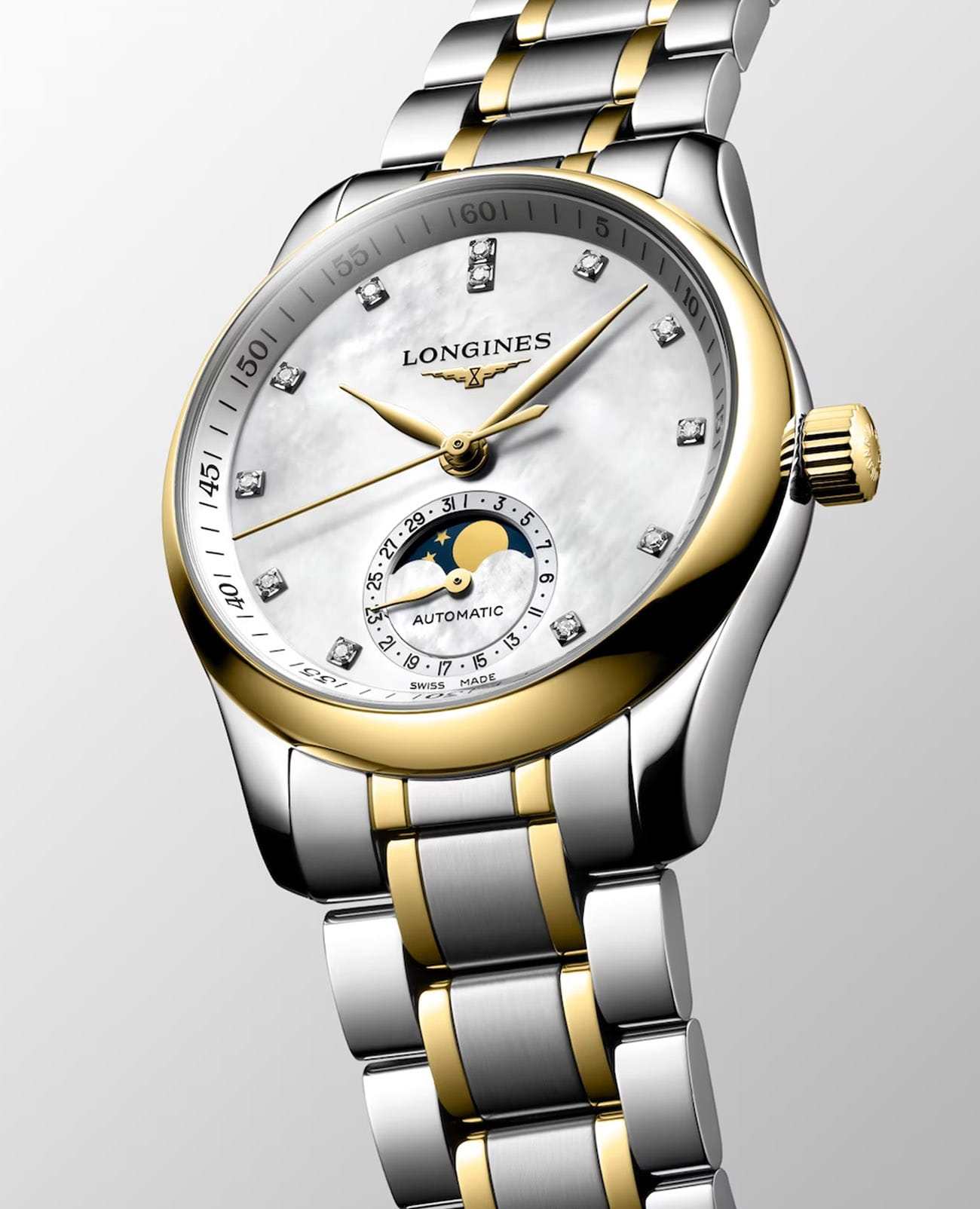 Longines Longines Master Collection L2.409.5.87.7, master collection швейцария женские часы на браслете нержавеющая сталь и 18 каратное розовое золото боковой вид