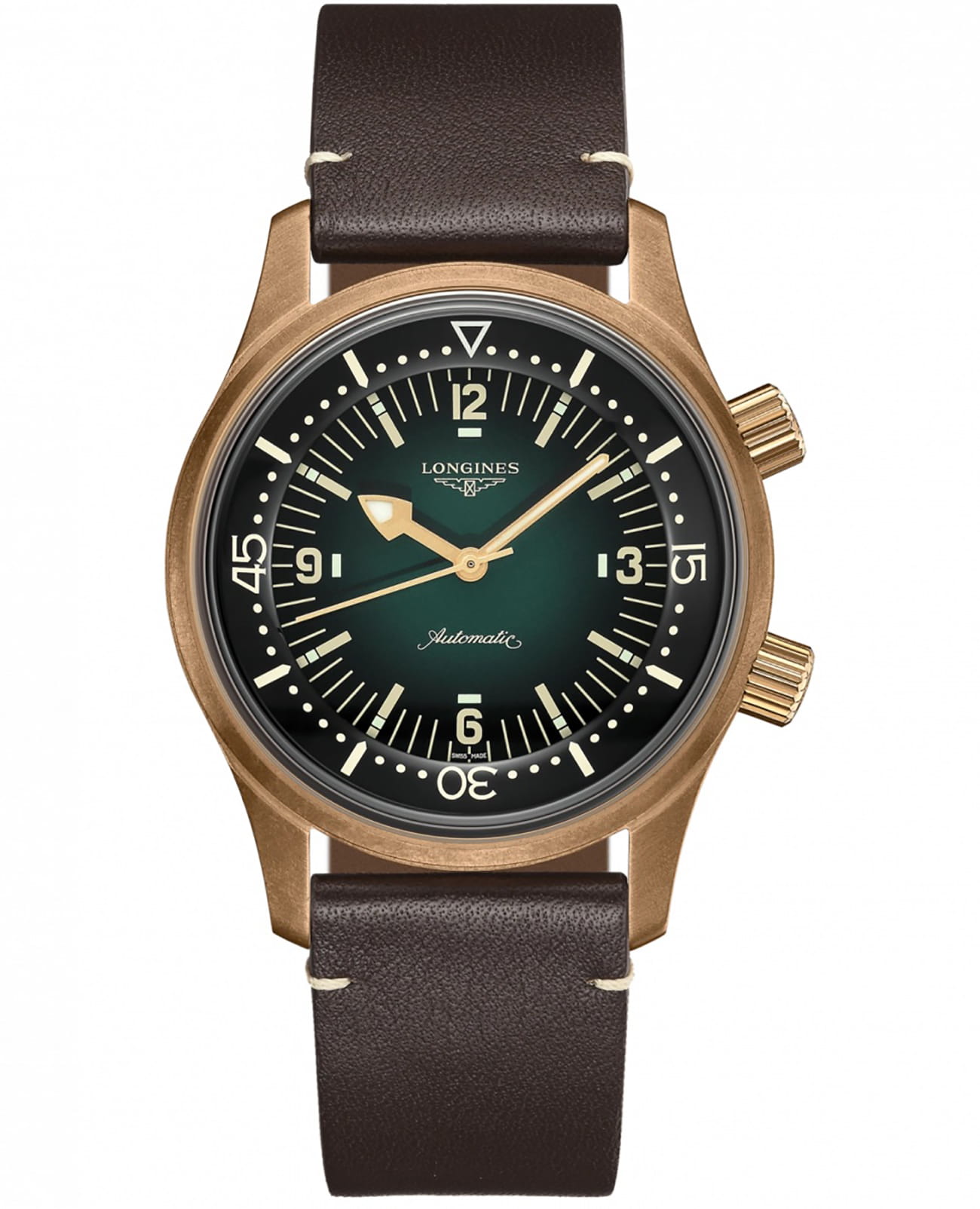 Longines Longines Legend Diver Watch L3.774.1.50.2  L37741502 механические мужские часы зеленый циферблат, браслет кожаный — вид спереди