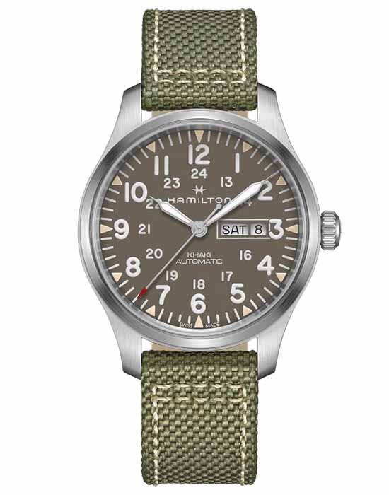 Hamilton Hamilton Khaki Field Day Date Auto H70535081  H70535081 механические мужские часы серый циферблат, браслет тканевый — вид спереди