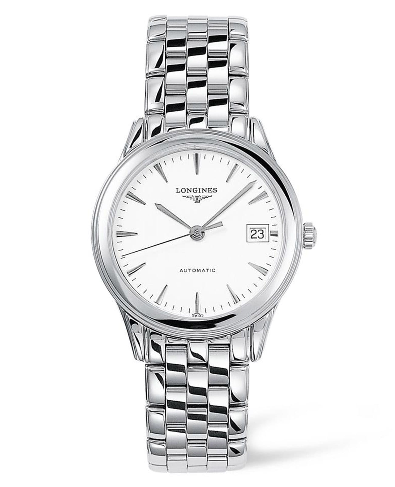 Longines Longines Flagship L4.774.4.12.6  L47744126 механические мужские часы белый циферблат, браслет нержавеющая сталь — вид спереди