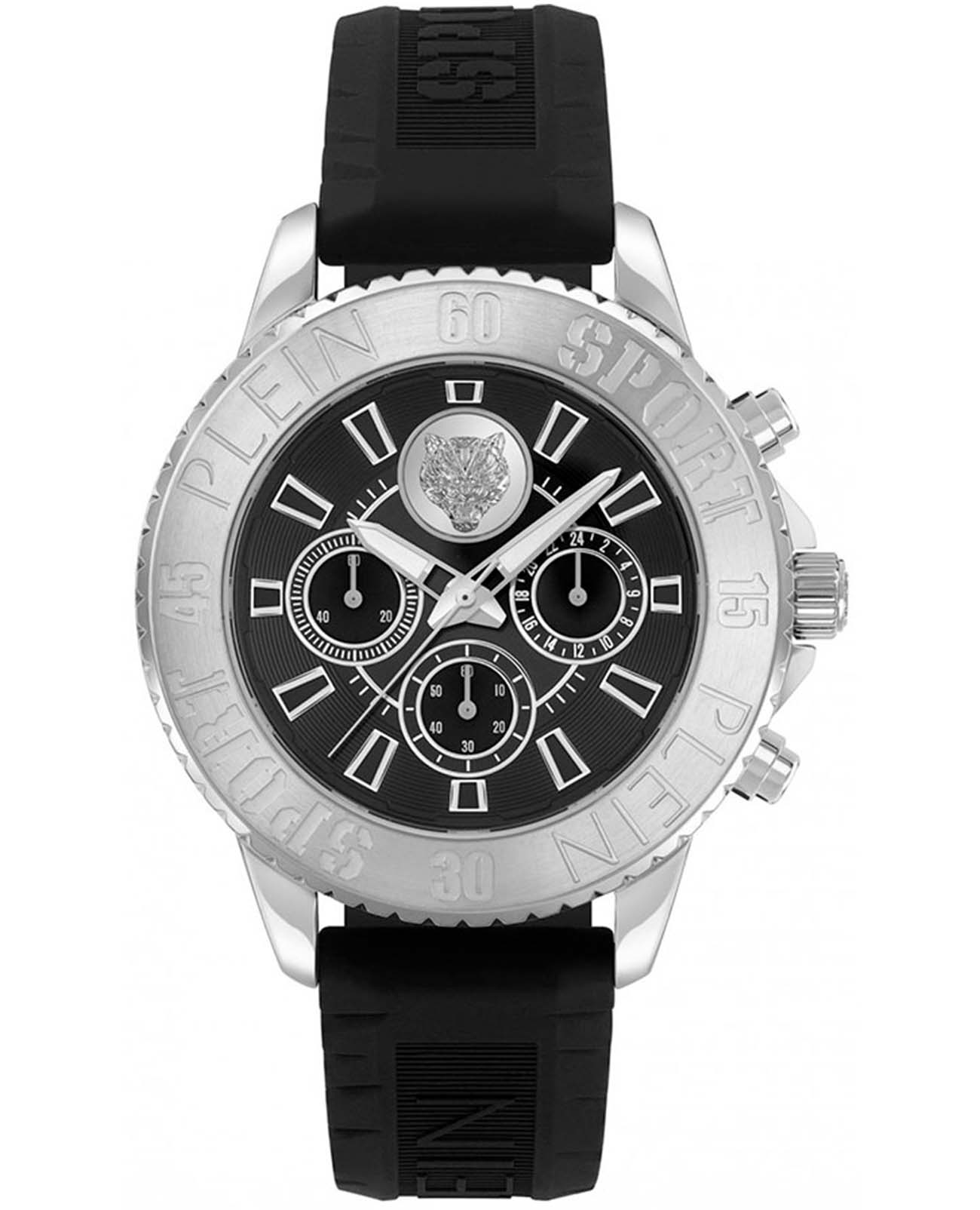 Plein Sport Plein Sport Glam Chrono PSMEA0124  PSMEA0124 кварцевые мужские часы черный циферблат, браслет силикон — вид спереди